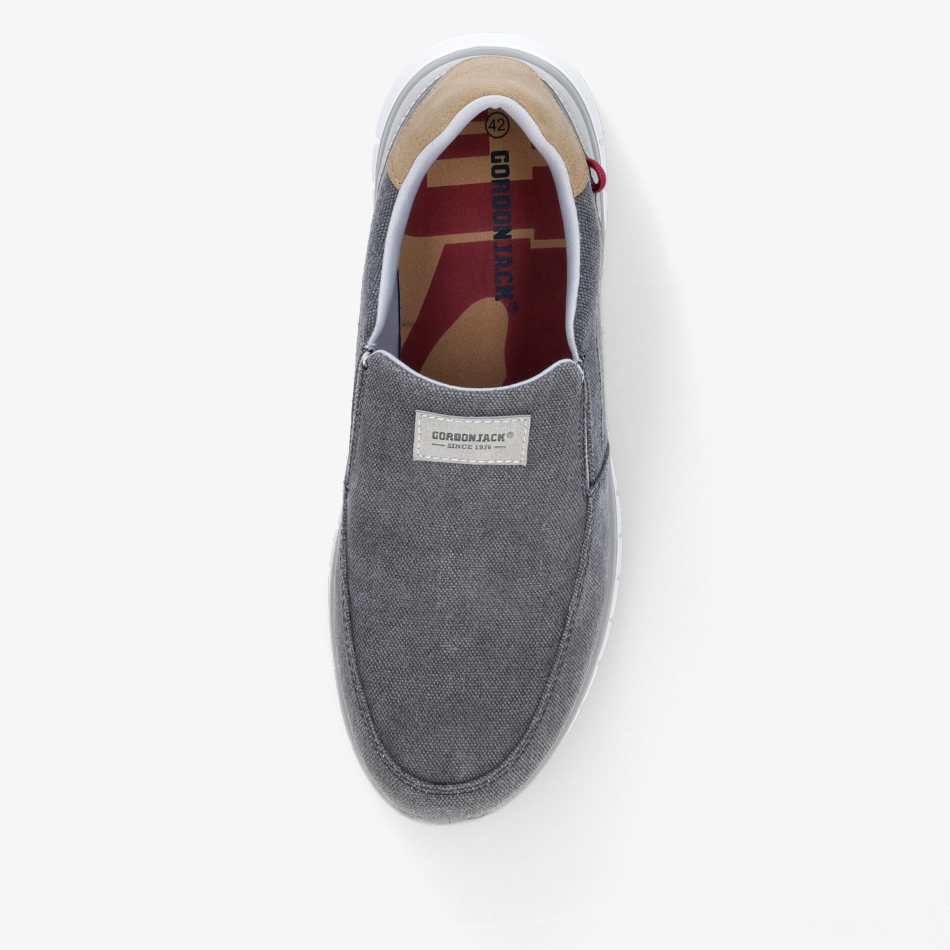 Grauer Slip-On Schuh, bequem und atmungsaktiv, mit robuster Sohle und flexibler Passform, Oberansicht