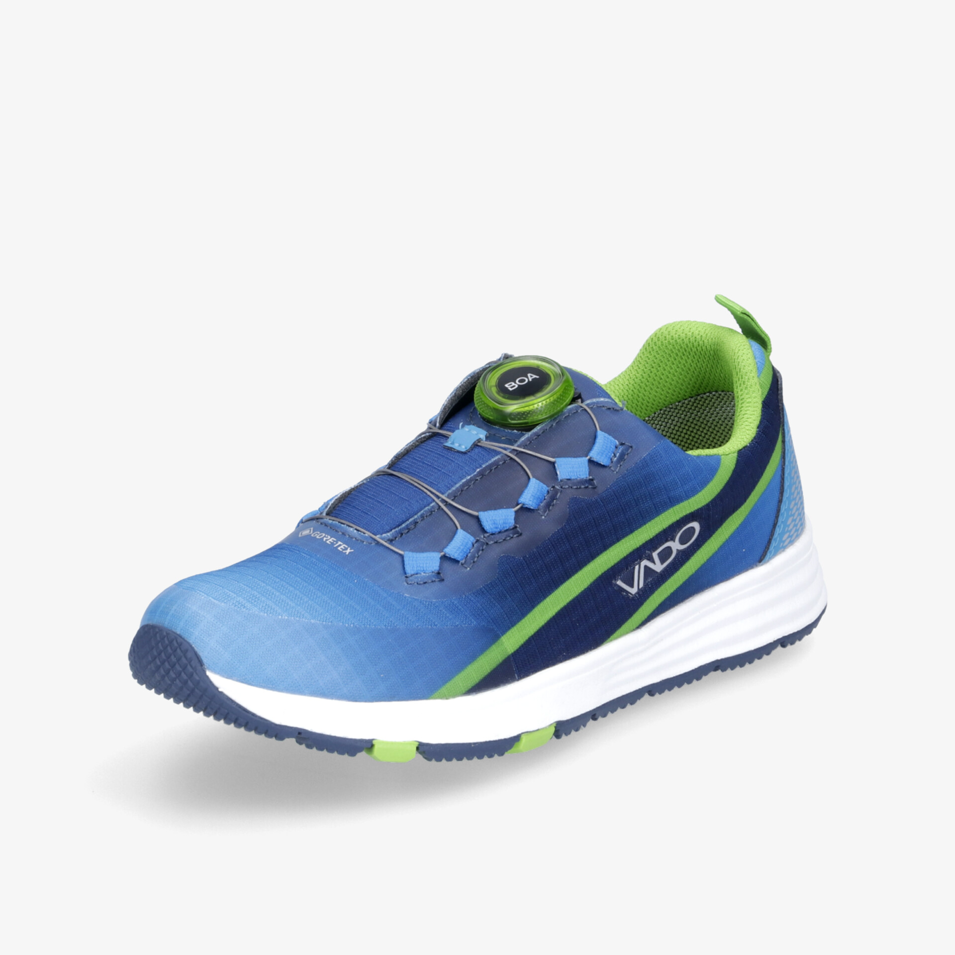 Moderner blauer Sneaker mit grünem Akzent, leichtem Tragegefühl und sportlichem Design.