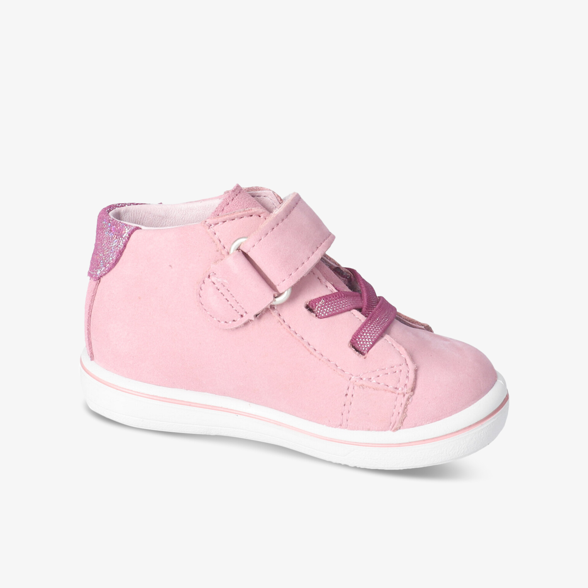 Rosa Kinderstiefel mit Klettverschluss und weicher Sohle. Modisches und bequemes Design.