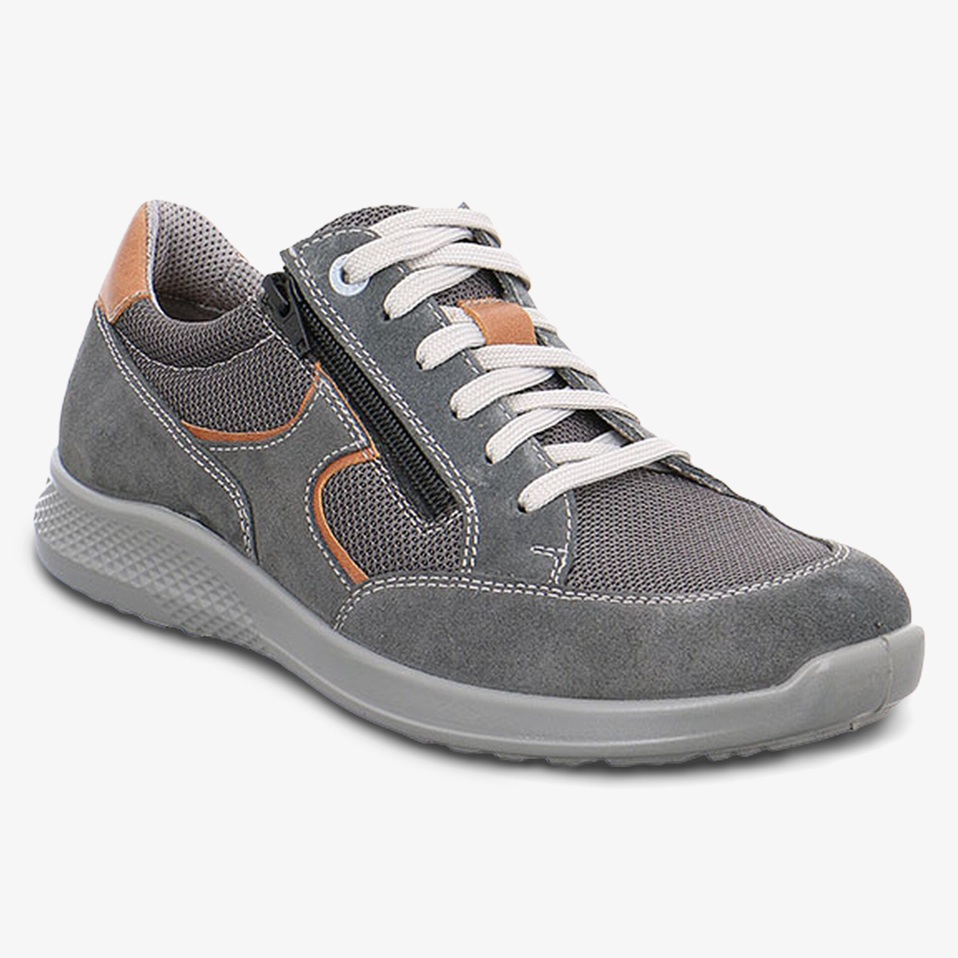 Grauer Sneaker mit Reißverschluss und rutschfester Sohle für optimalen Komfort.