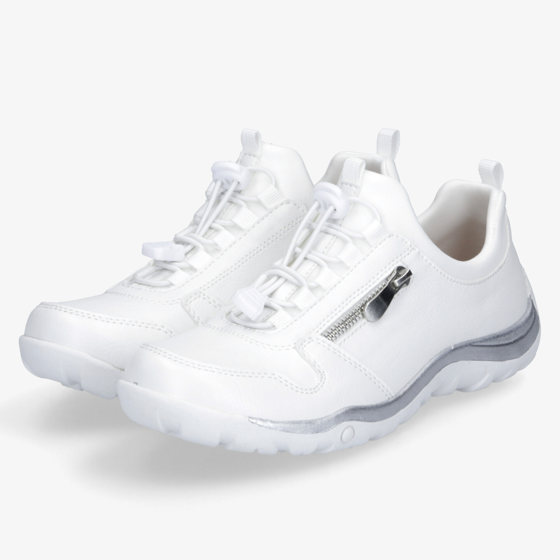 Weißes sportliches Schuhpaar mit Reißverschluss, rutschfester Sohle, leichtem und flexiblem Design