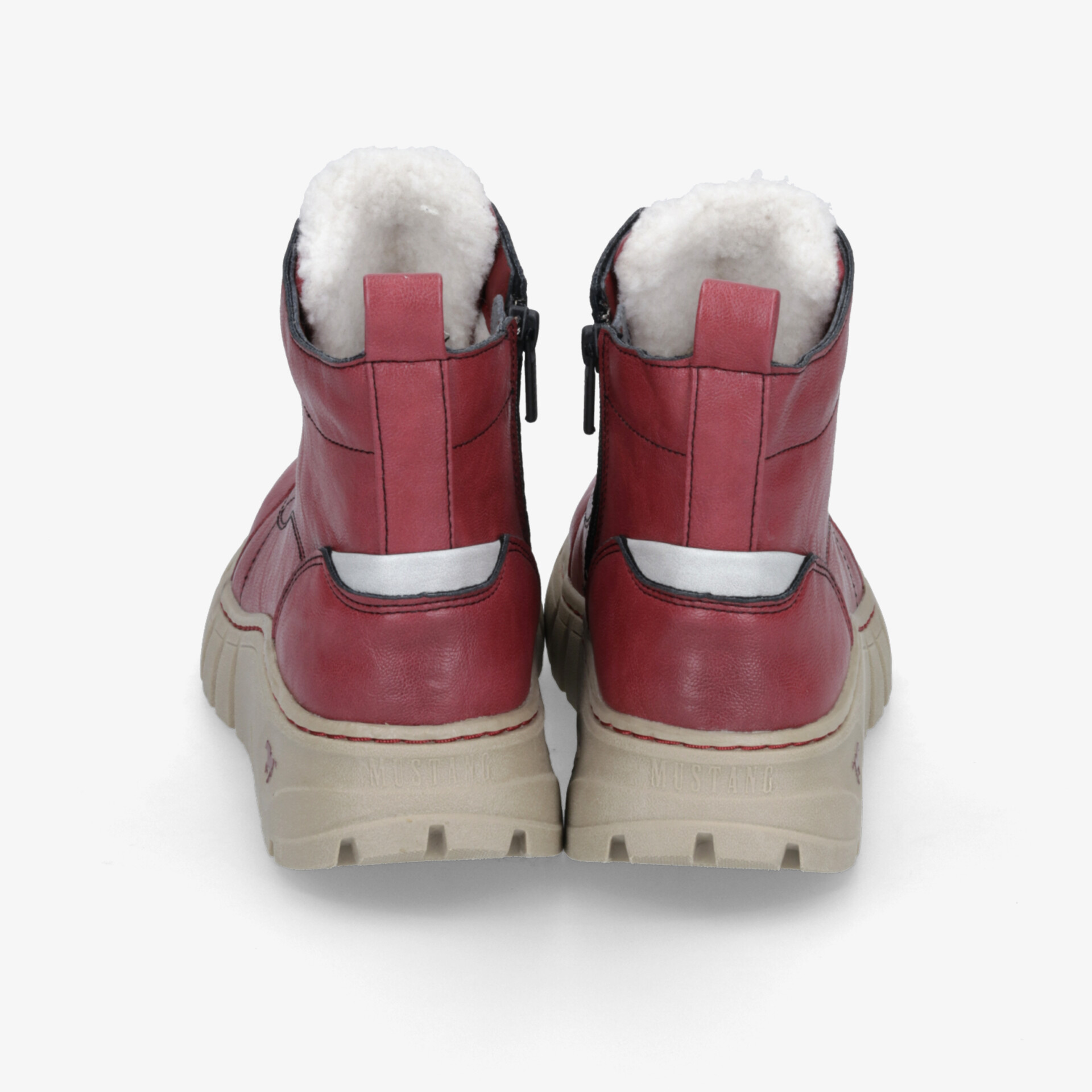 Rote Winterstiefel mit weißem warmem Innenfutter und robuster rutschfester beige Sohle, Rückansicht