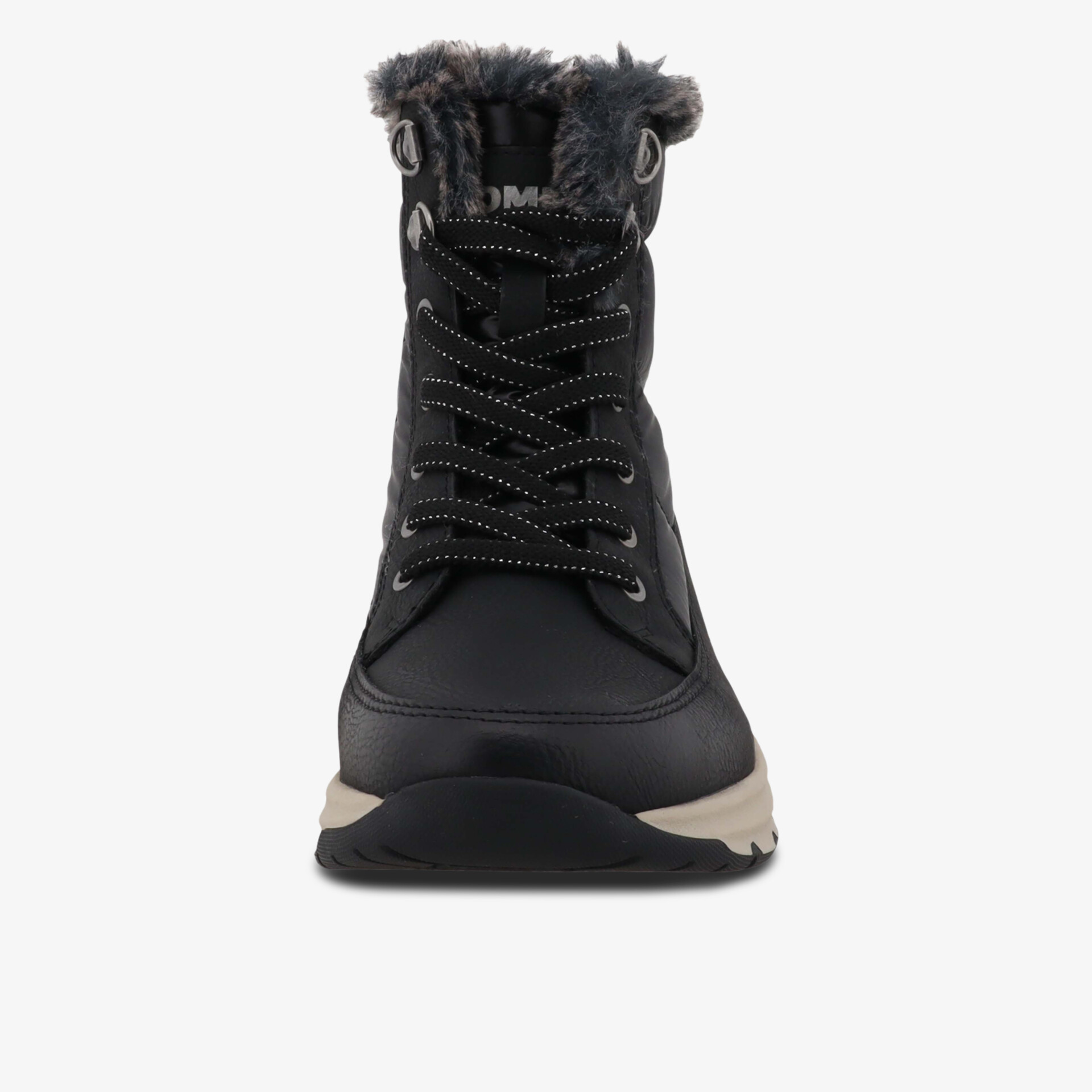 Frontansicht stabiler, gefütterter Winterstiefel mit schnürverschluss und rutschfester Profilsohle