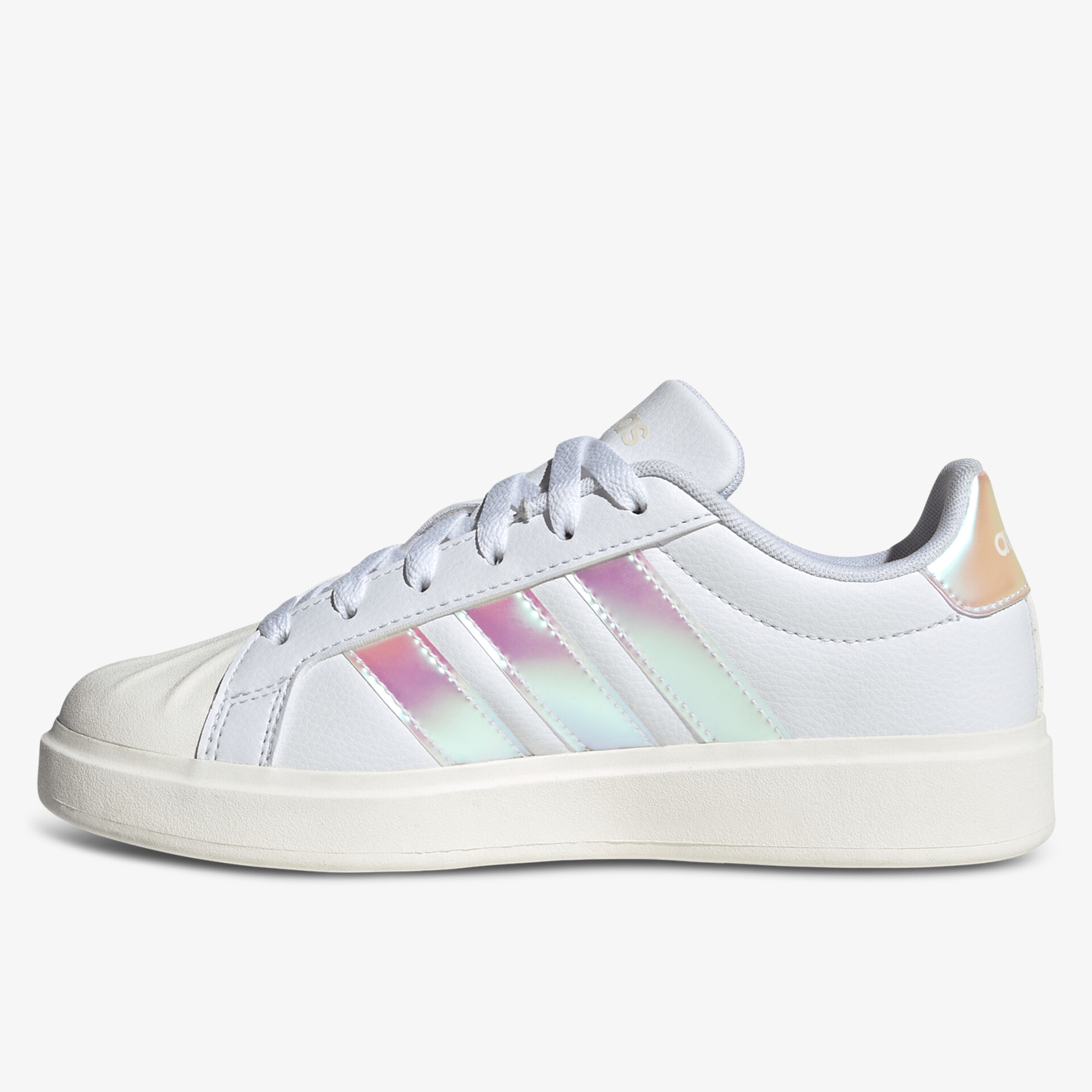 Seitliche Ansicht weißer Sneaker mit pastellfarbenen Streifen und bequemer Sohle