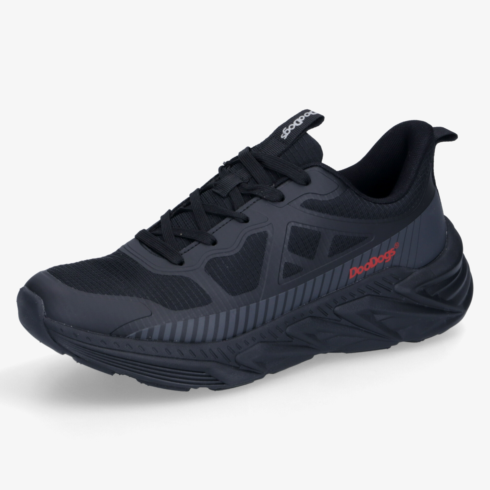 Schwarzer sportlicher Laufschuh mit atmungsaktivem Material, leichter Bauweise und rutschfester Sohle, seitliche Ansicht