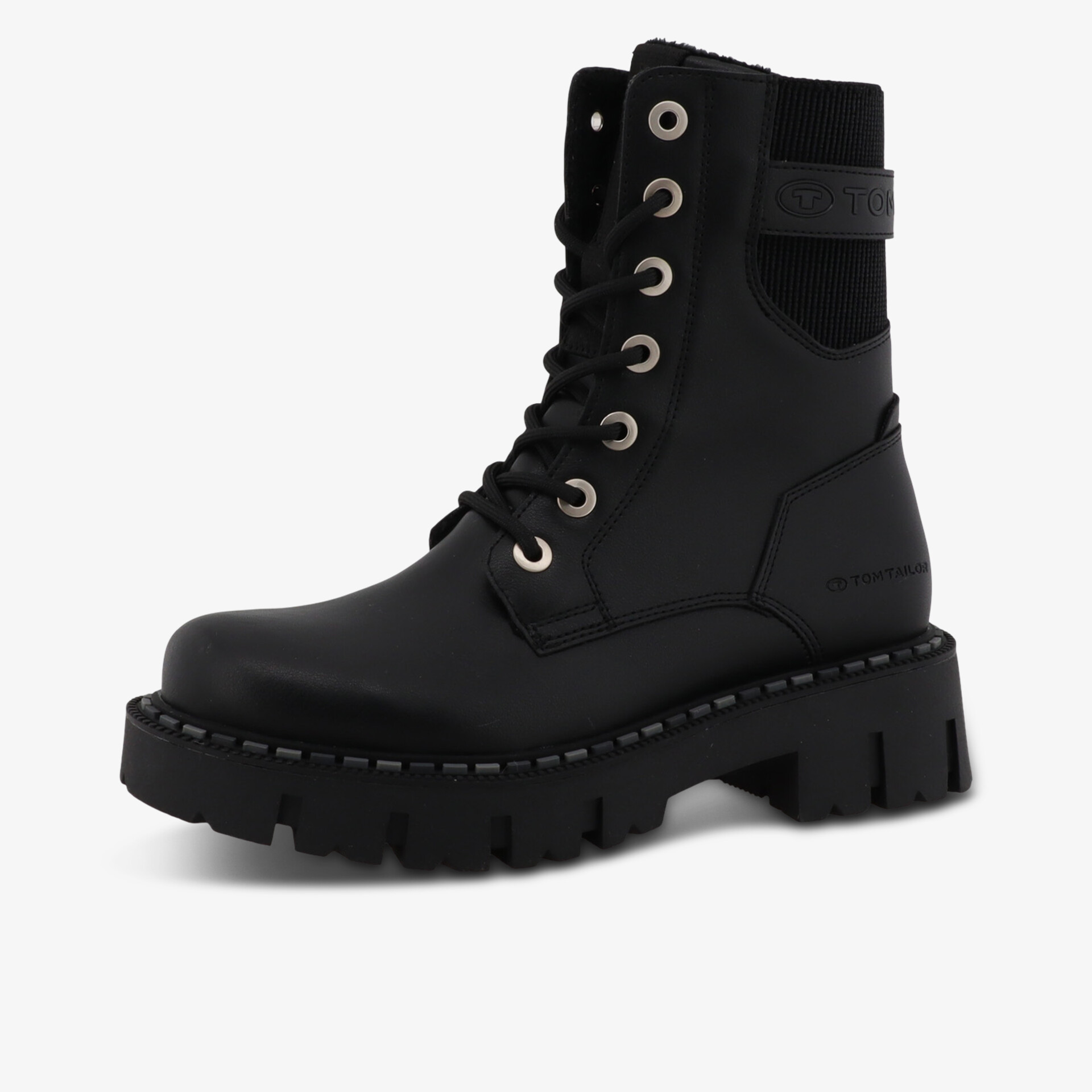 Schwarzer robuster Schnürstiefel mit hohem Schaft und profilierter rutschfester Sohle, modisch und langlebig