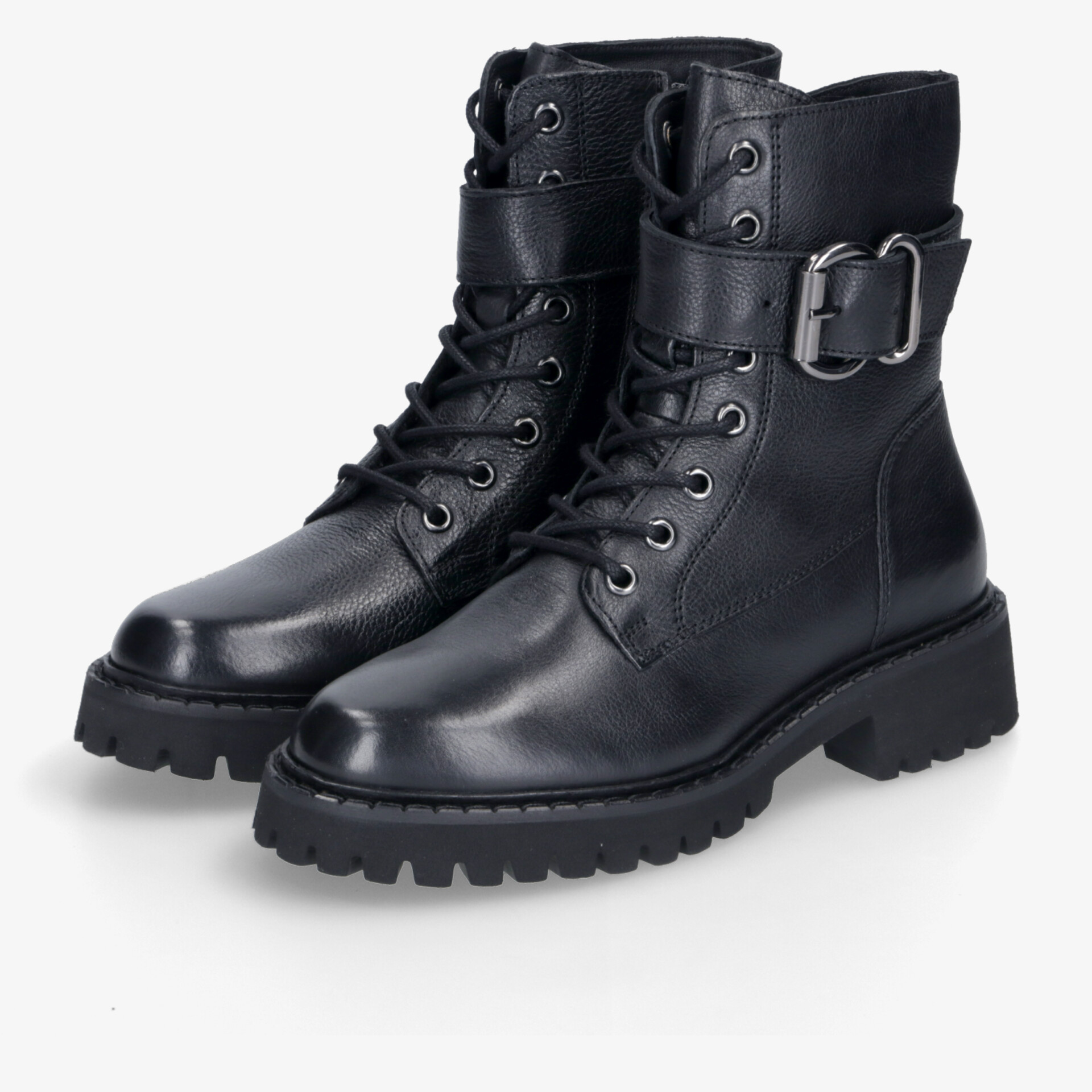 Stilvolle schwarze Leder-Schnürboots mit stabiler Sohle und modischen Schnallen für vielseitigen Einsatz.