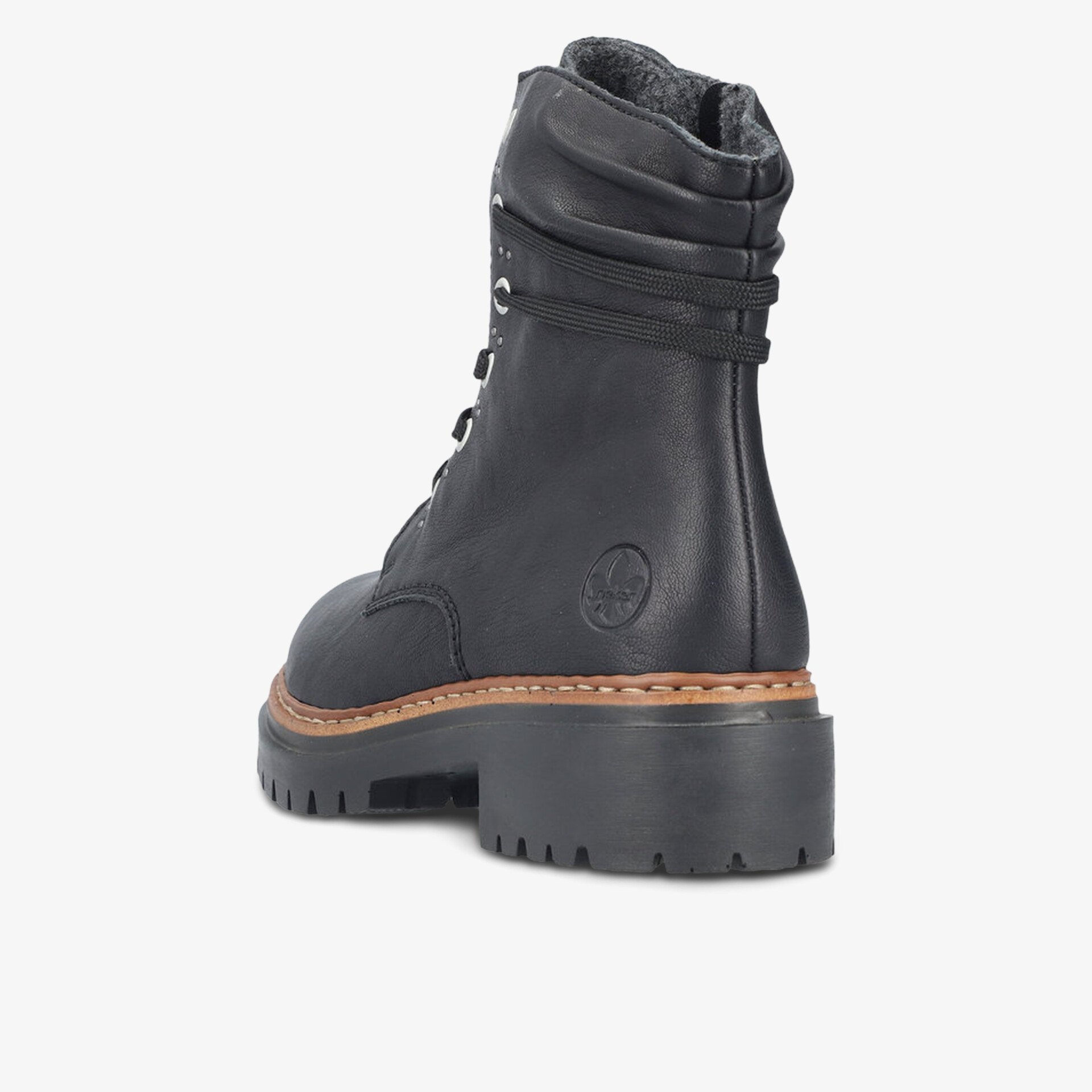 Robuster schwarzer Schnürstiefel mit gepolstertem Schaft und profilierter Gummisohle, klare Rückansicht