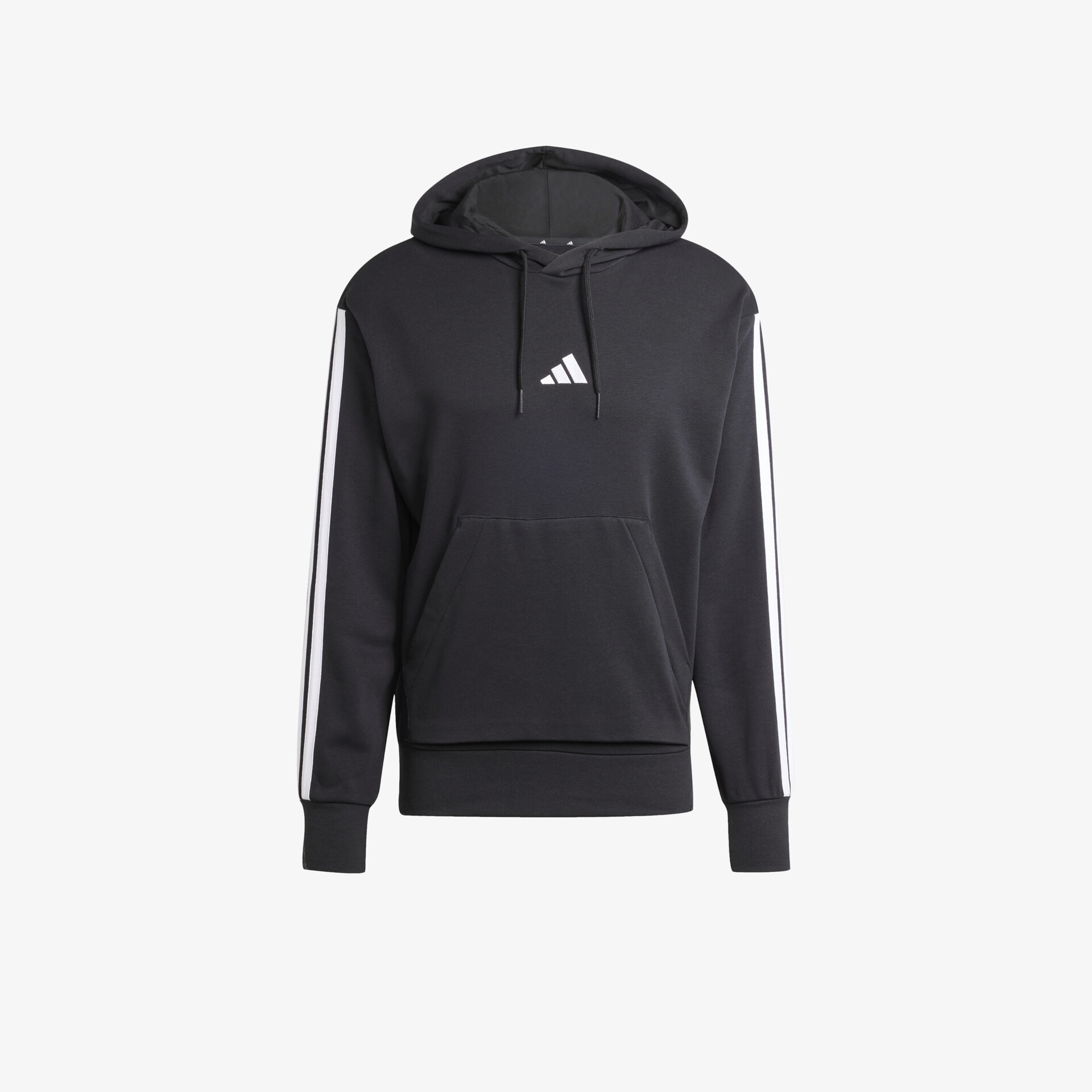 Schwarzer Kapuzenpullover mit weißem Streifendesign, Kängurutasche und elastischen Bündchen