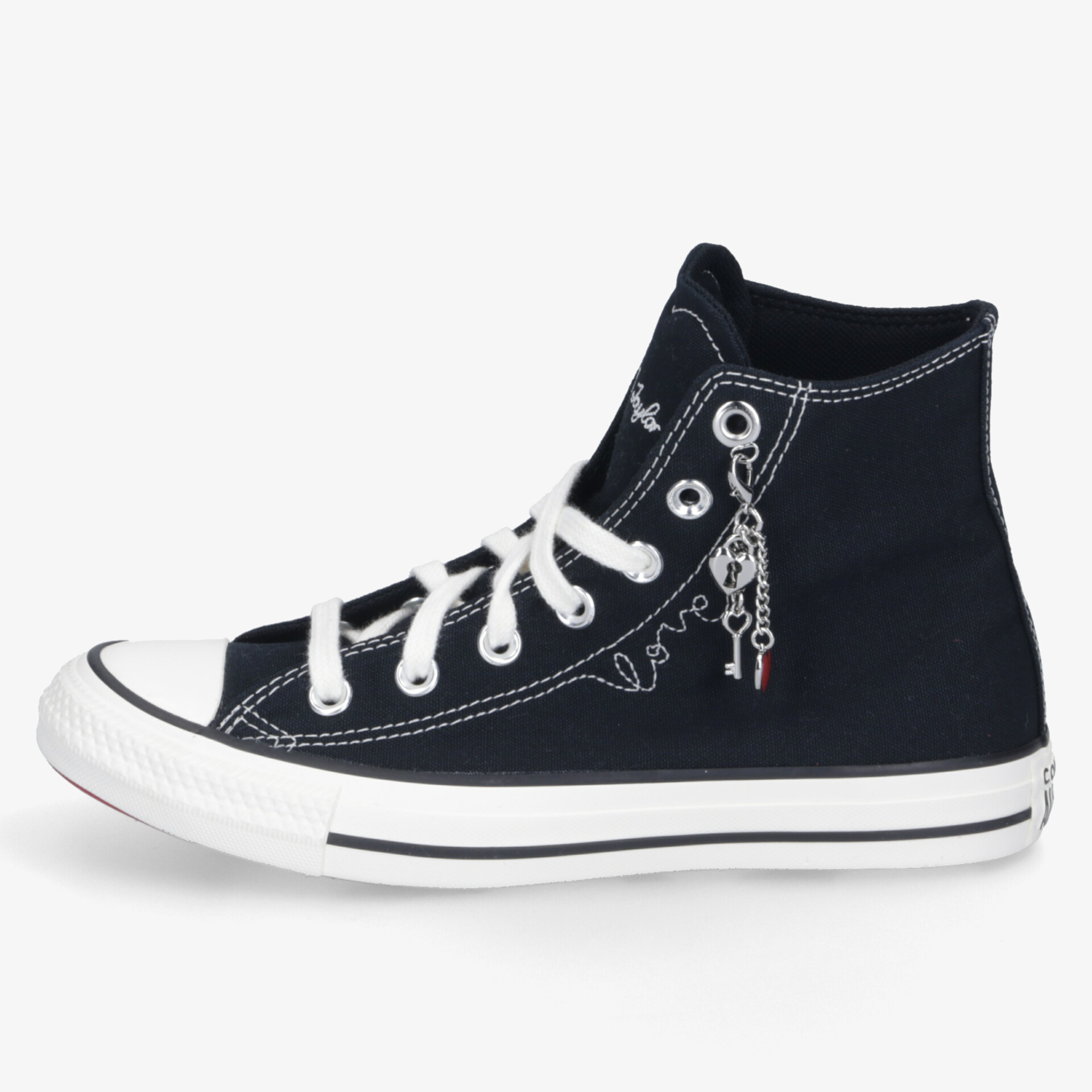 Stilvoller High-Top Sneaker in Schwarz mit weißen Schnürsenkeln und eleganten Nähten. Perfekt für trendige Outfits.