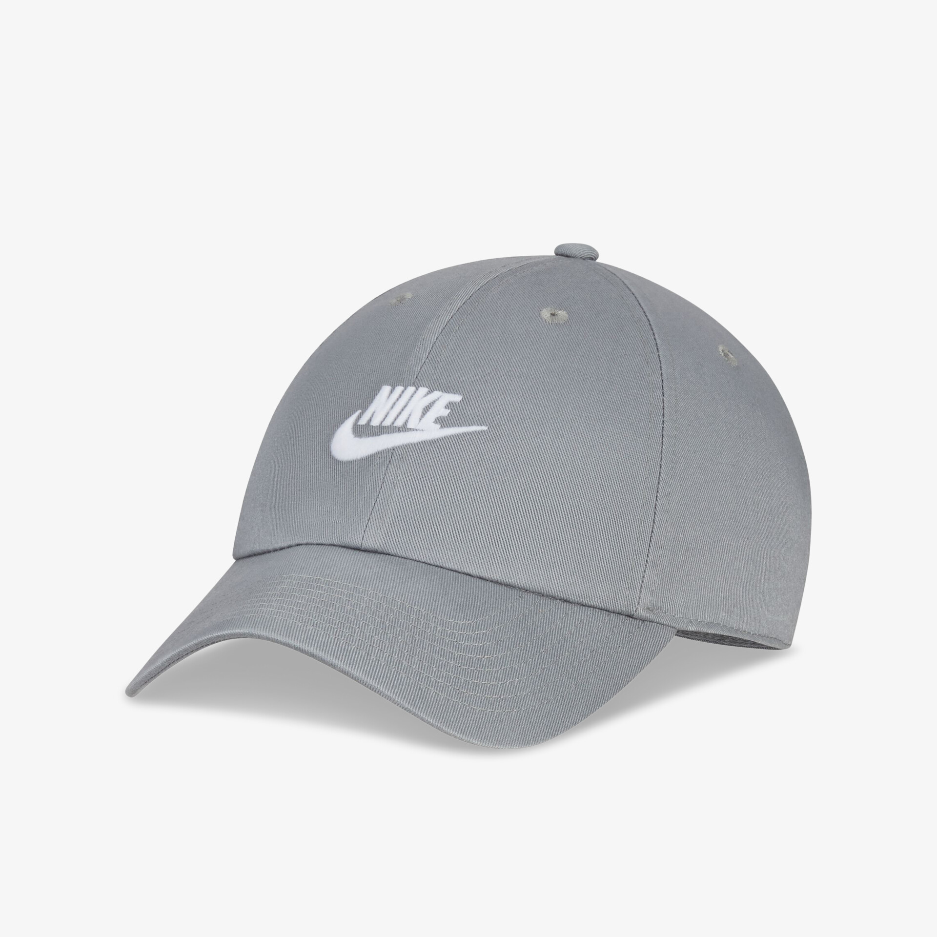 Graue Basecap mit markantem weißen Logo, modisches Design, verstellbarer Verschluss für optimalen Komfort.