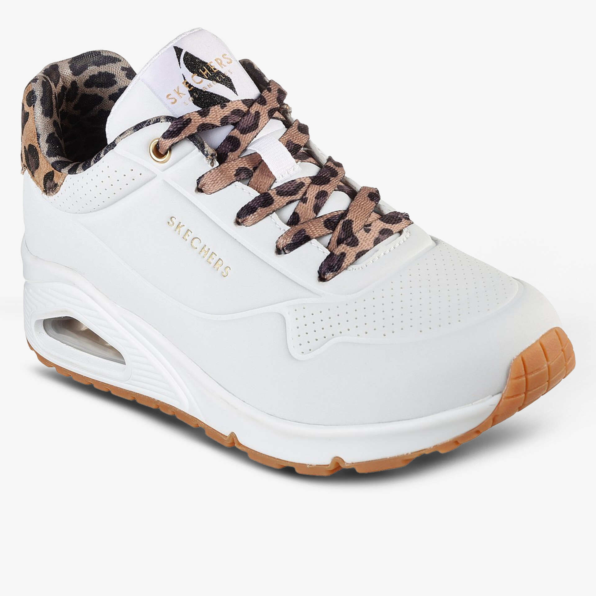 weißes Sportschuhmodell mit Leopardenmuster-Schnürung und gepolstertem Komfort für den täglichen Gebrauch