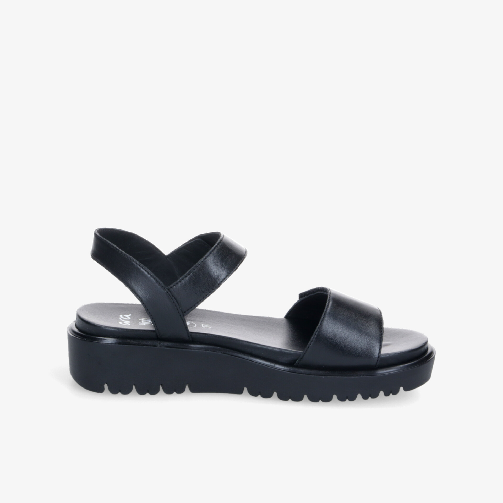 Schwarze Ledersandale mit verstellbarem Riemen und komfortabler Plateau-Sohle seitliche Ansicht