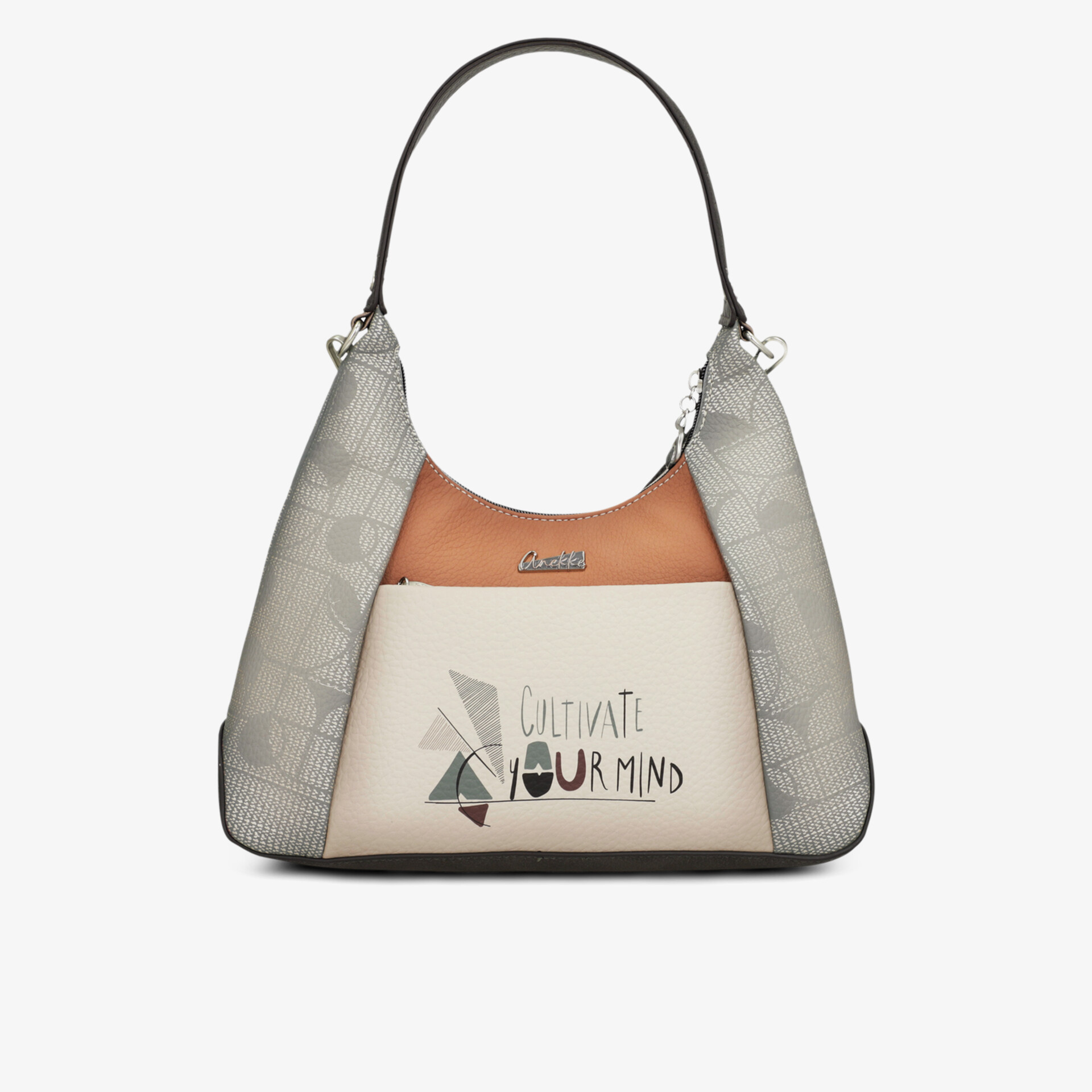 Moderne Handtasche in Beige und Orange mit geometrischem Muster, kompakt und stilvoll für Alltag und Büro