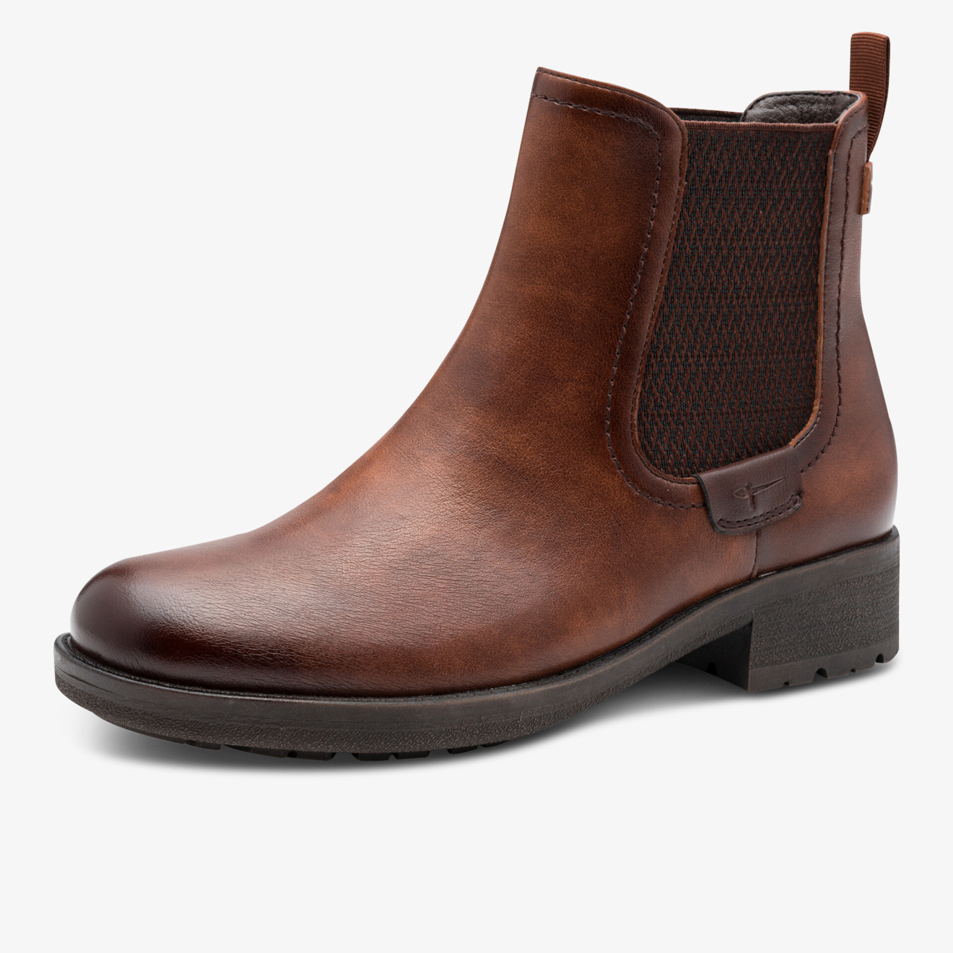 Eleganter brauner Chelsea-Stiefel aus glattem Leder mit elastischen Einsätzen und stabilem Absatz, seitliche Ansicht