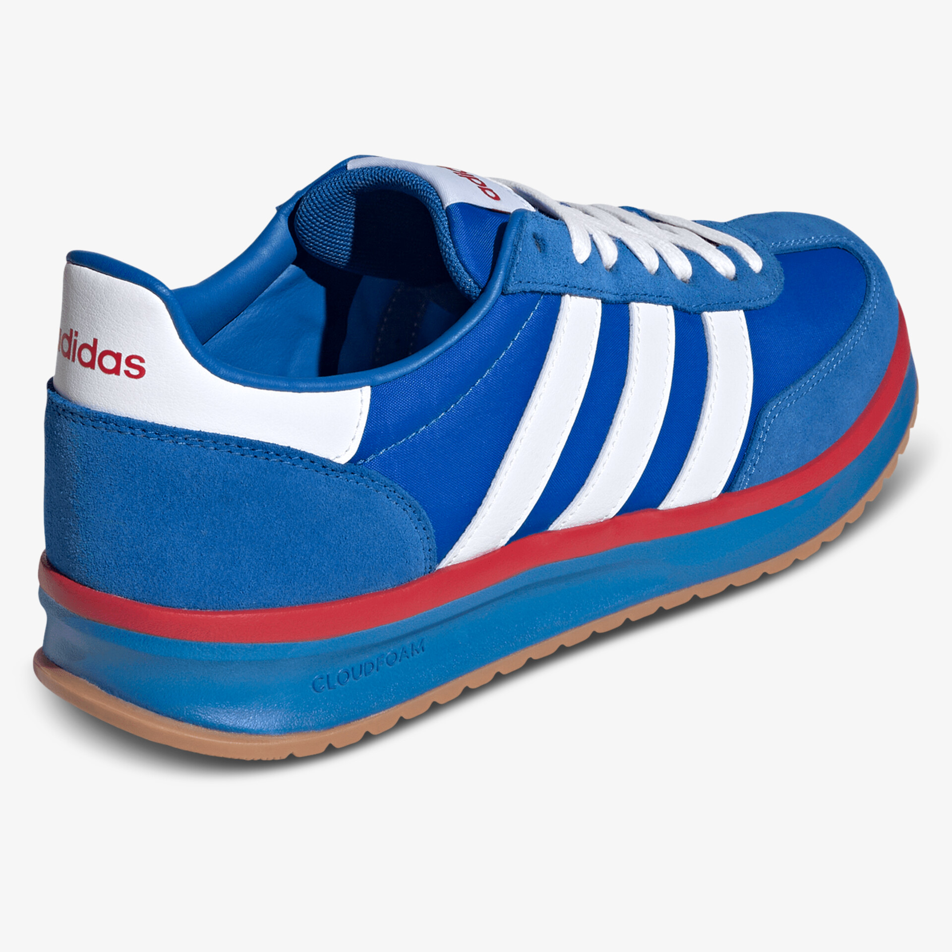 komfortabler blauer Sportschuh mit gut gepolsterter Ferse und flexibler Sohle, seitliche Ansicht