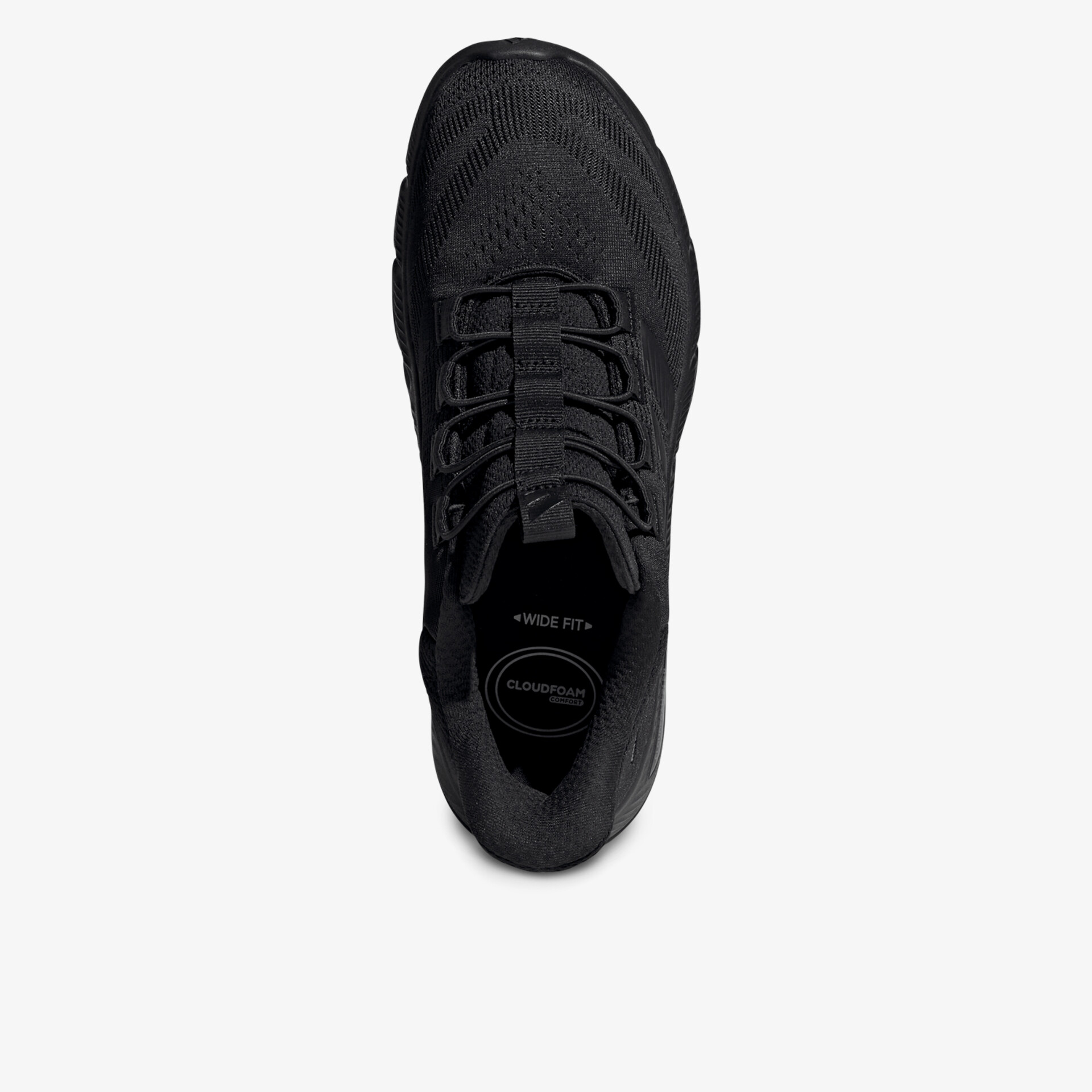 Leichter schwarzer Sportschuh mit atmungsaktivem Obermaterial und rutschfester Sohle von oben gesehen