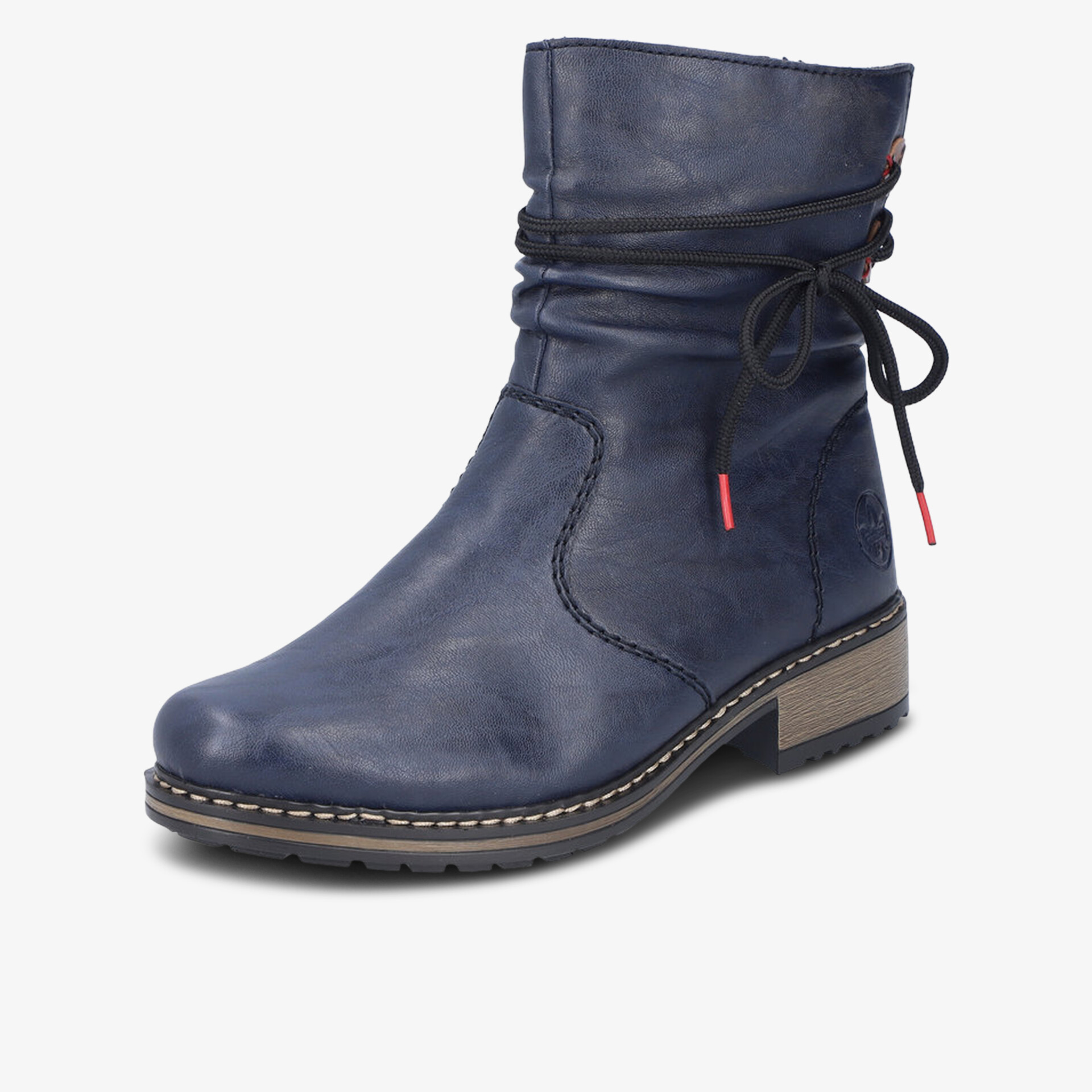 Komfortabler dunkelblauer Stiefel aus weichem Leder mit Schnürung und stabilem Absatz, schräg vorne Ansicht