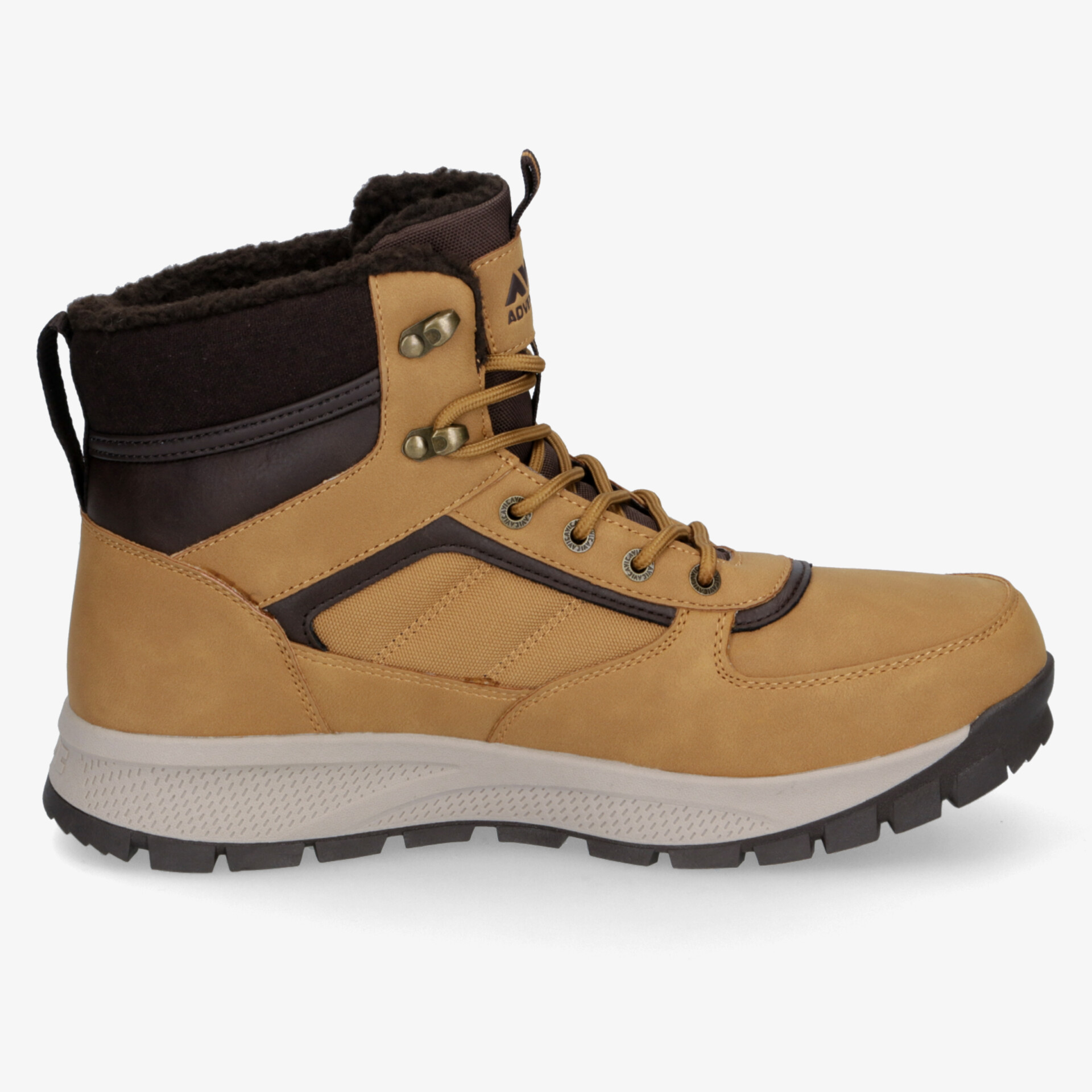 Seitliche Ansicht eines robusten, warm gefütterten und wasserdichten Outdoor-Winterschuhs mit rutschfester Sohle