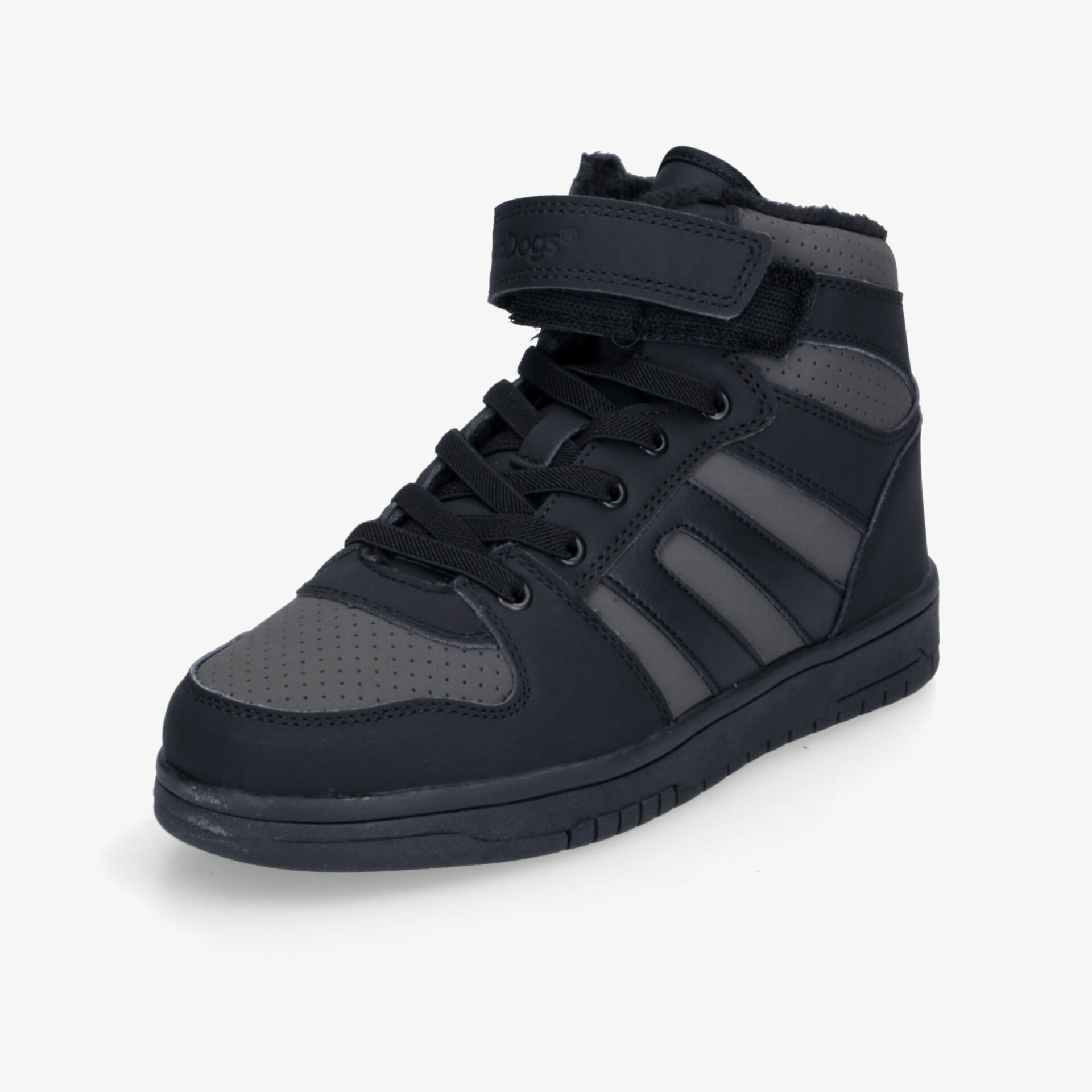 Moderner schwarzer Sneaker mit hohem Schaft, Schnürung und Klettverschluss für optimalen Halt und Komfort