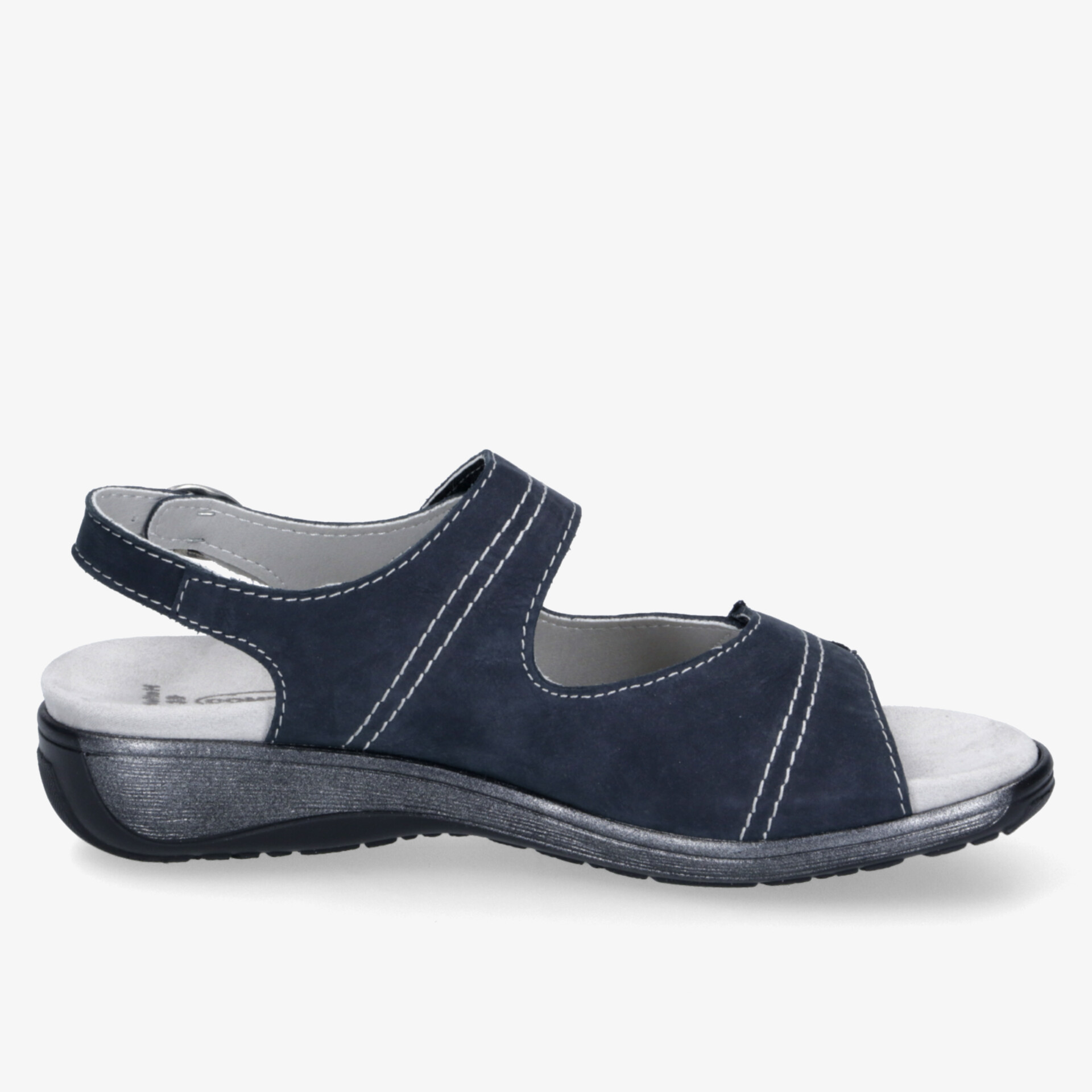 Bequeme, atmungsaktive Sandale mit verstellbarem Klettverschluss und rutschfester flexibler Sohle, seitliche Ansicht