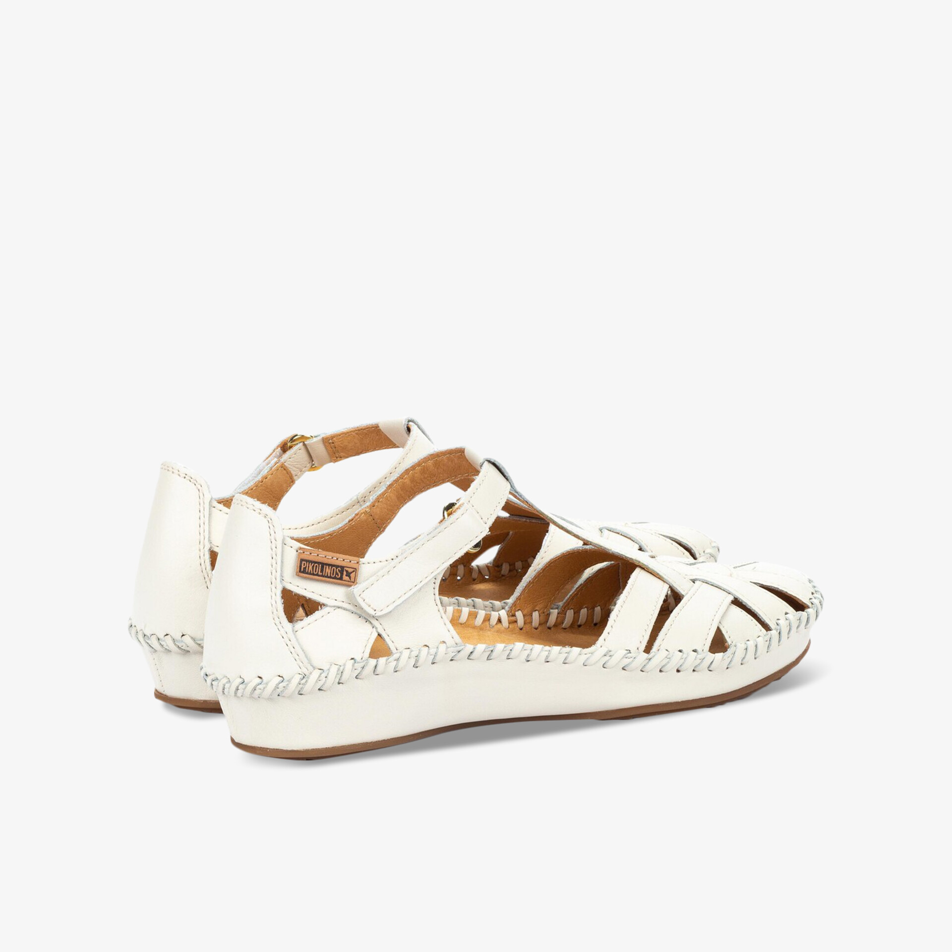 Weiß geflochtene Sandalen mit Klettverschluss, flache, bequeme und leichte Sommer-Schuhe, seitliche Ansicht
