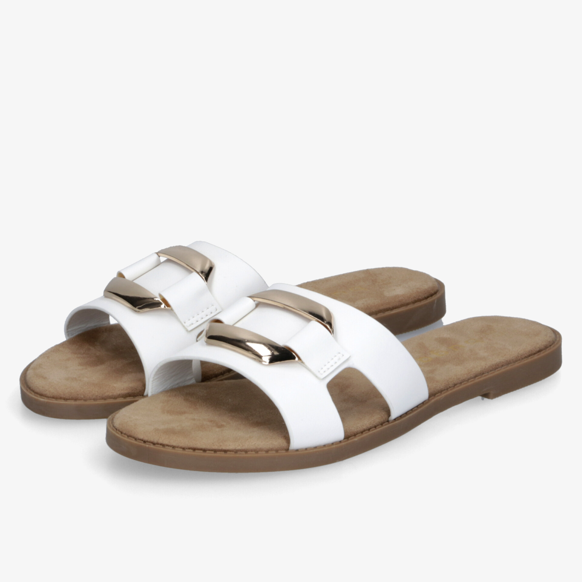 Weißes Paar flacher Sandalen mit verziertem Riemen, modisch und bequem für den Alltag und Sommer