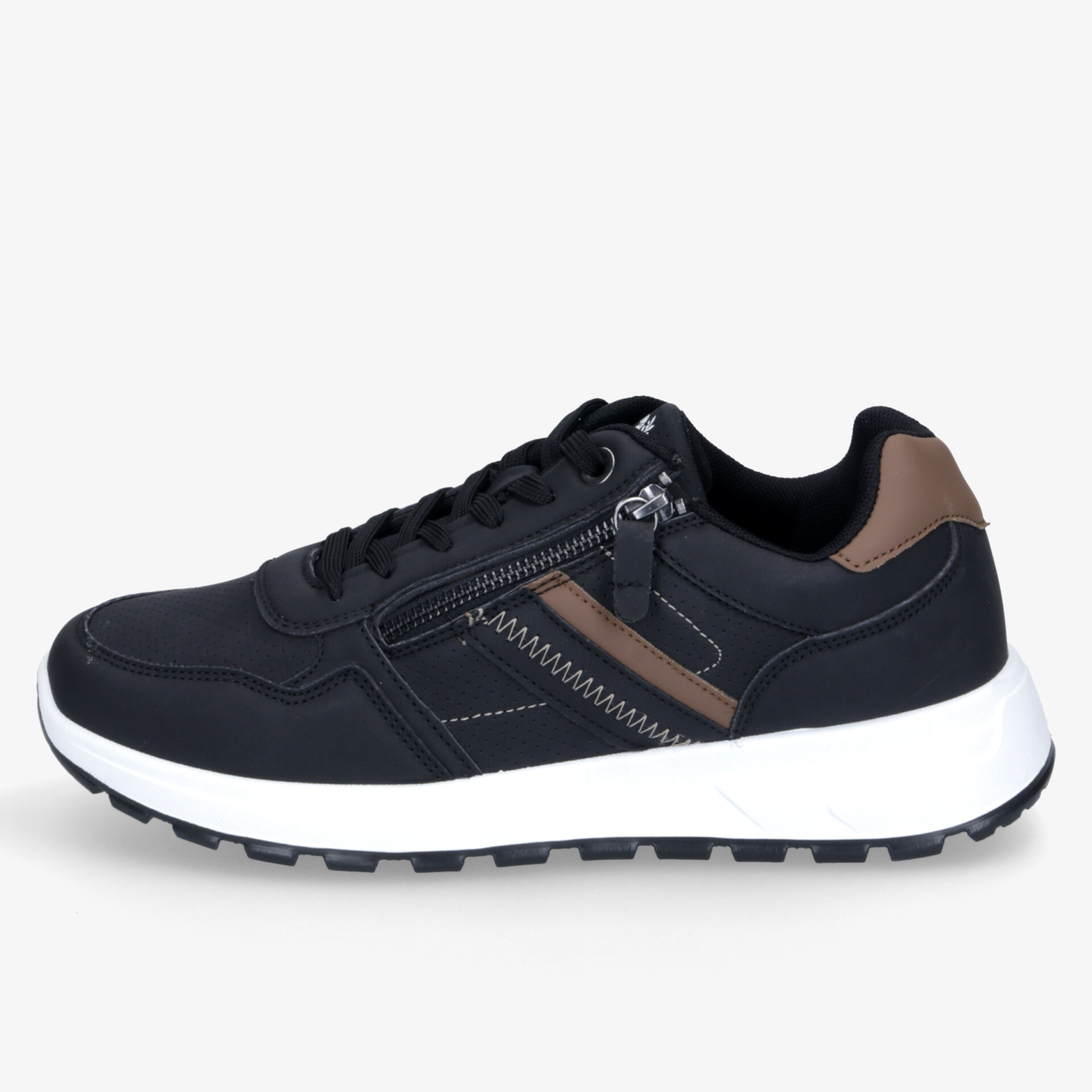 Sportlicher Sneaker in Schwarz und Braun mit Reißverschluss und weißer rutschfester Sohle, komfortabel und langlebig