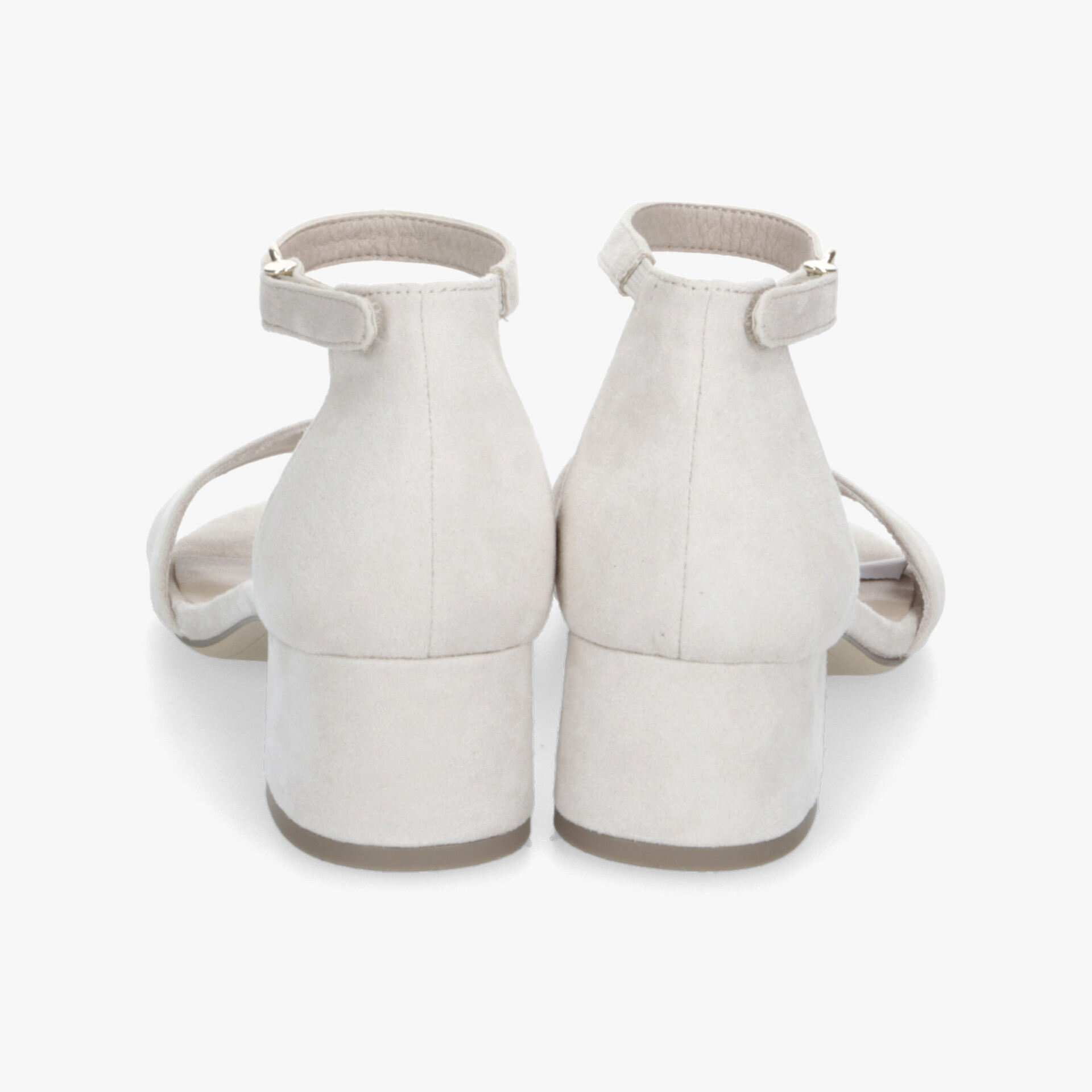 Elegante weiße Sandalette mit mittelhohem Absatz und verstellbarem Riemen, Rückansicht