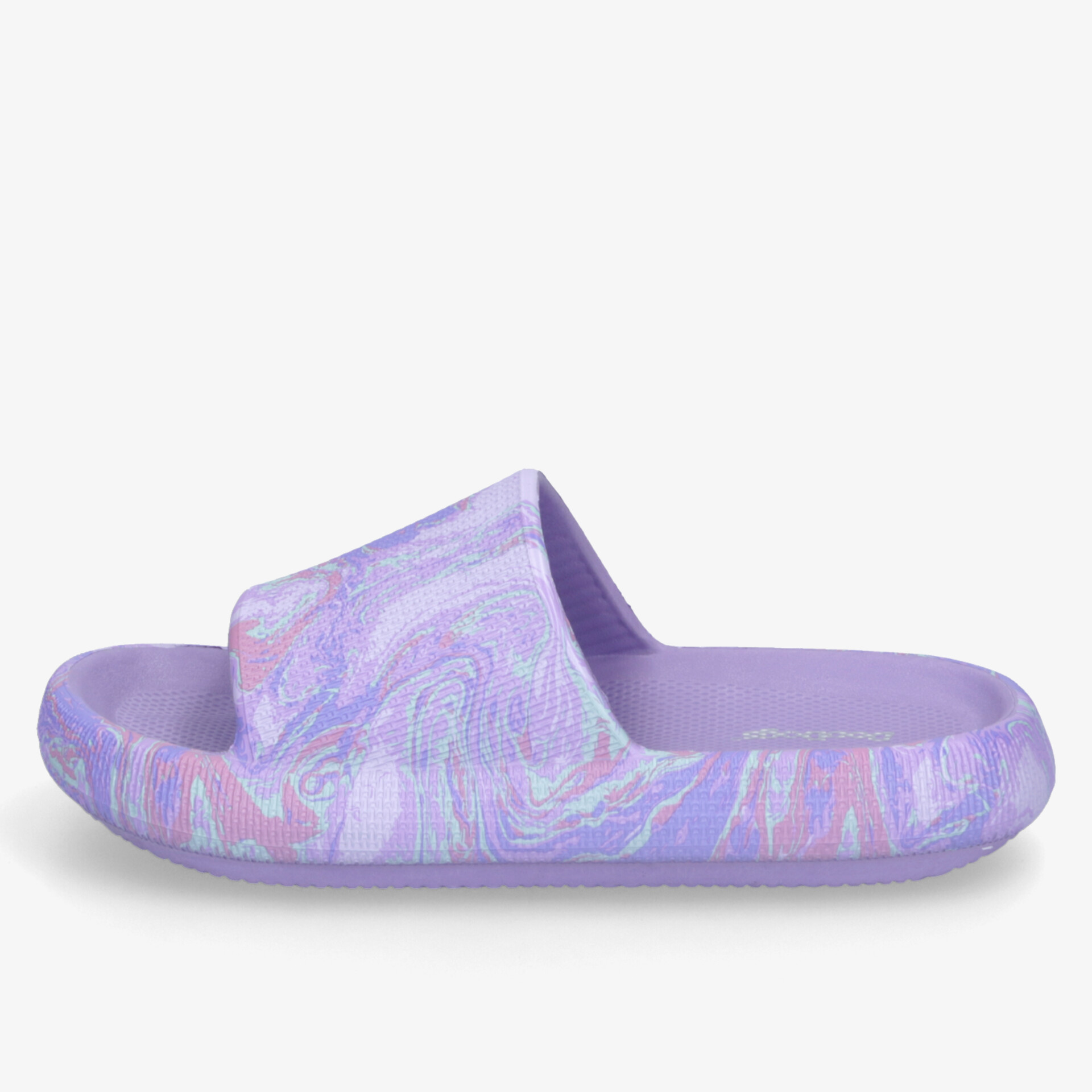 Bequeme lila Slide Sandale mit buntem Muster, offen, rutschfester Sohle und leichter, flexibler Konstruktion