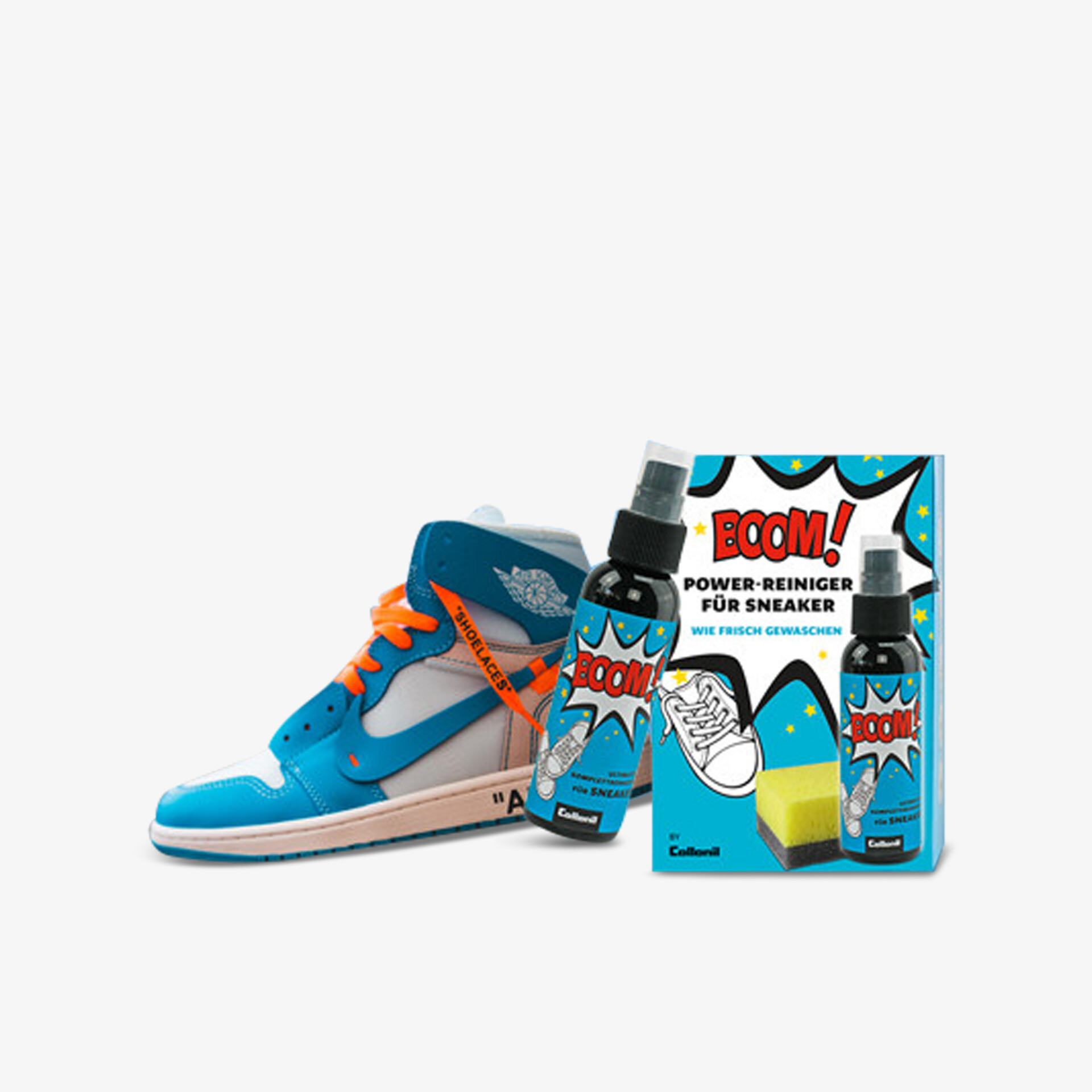 Stylischer High-Top Sneaker in Blau mit orangefarbenen Akzenten und passendem Reinigungsset