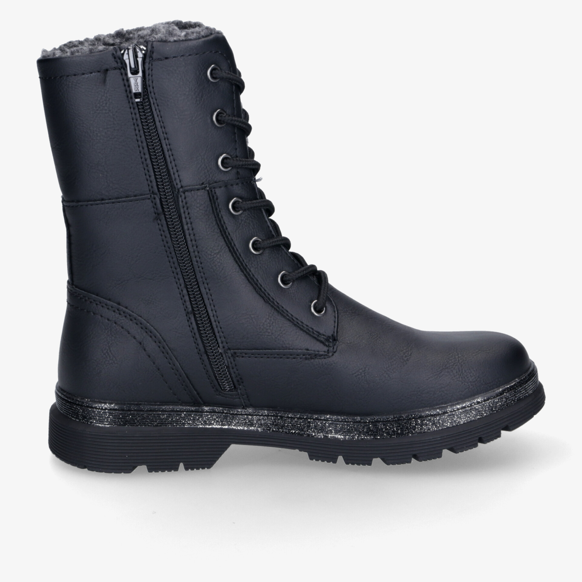 Stylischer schwarzer Winterstiefel aus Leder mit Schnürung und seitlichem Reißverschluss, ideal für kalte Tage.