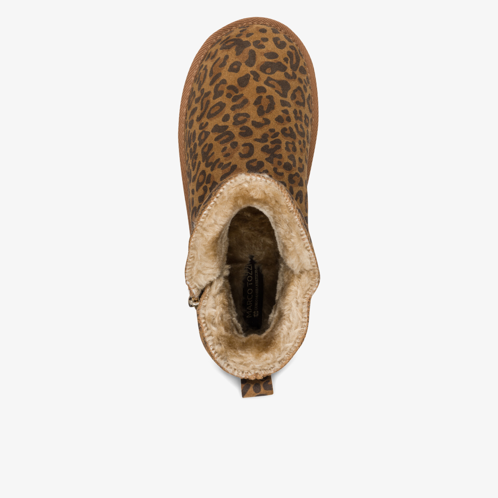 Warmer und gemütlicher Schuh mit Leopardmuster von oben betrachtet, perfekt für kalte Tage