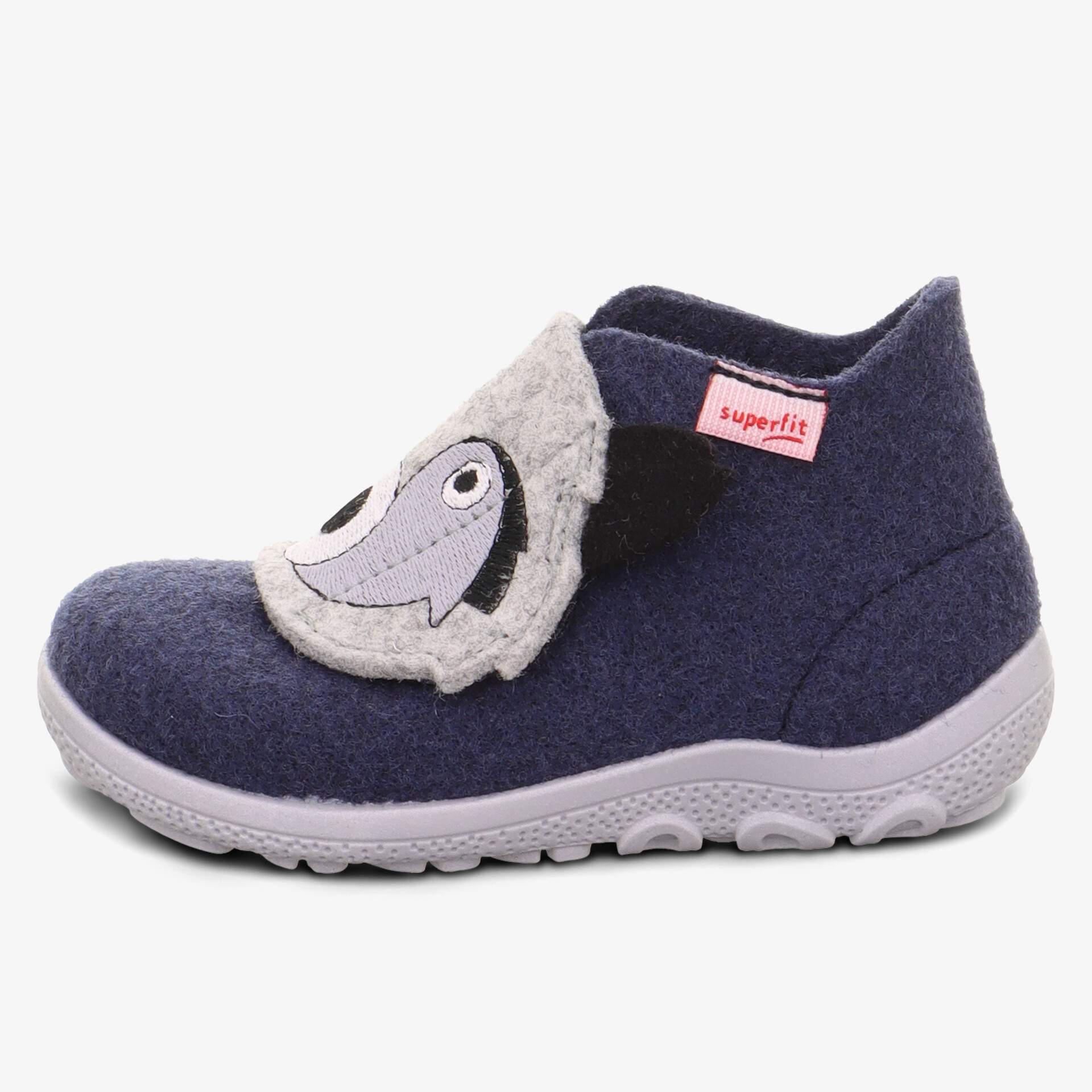 blauer Hausschuh mit weichem Stoff und rutschfester Sohle, bequeme Passform für Kinder