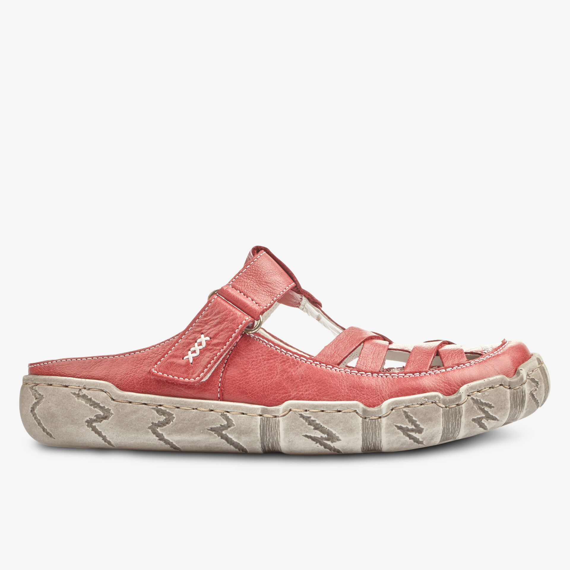 Rote Sandale mit flexibler, profilierter Sohle und offenem Design, ideal für warme Tage und Komfort