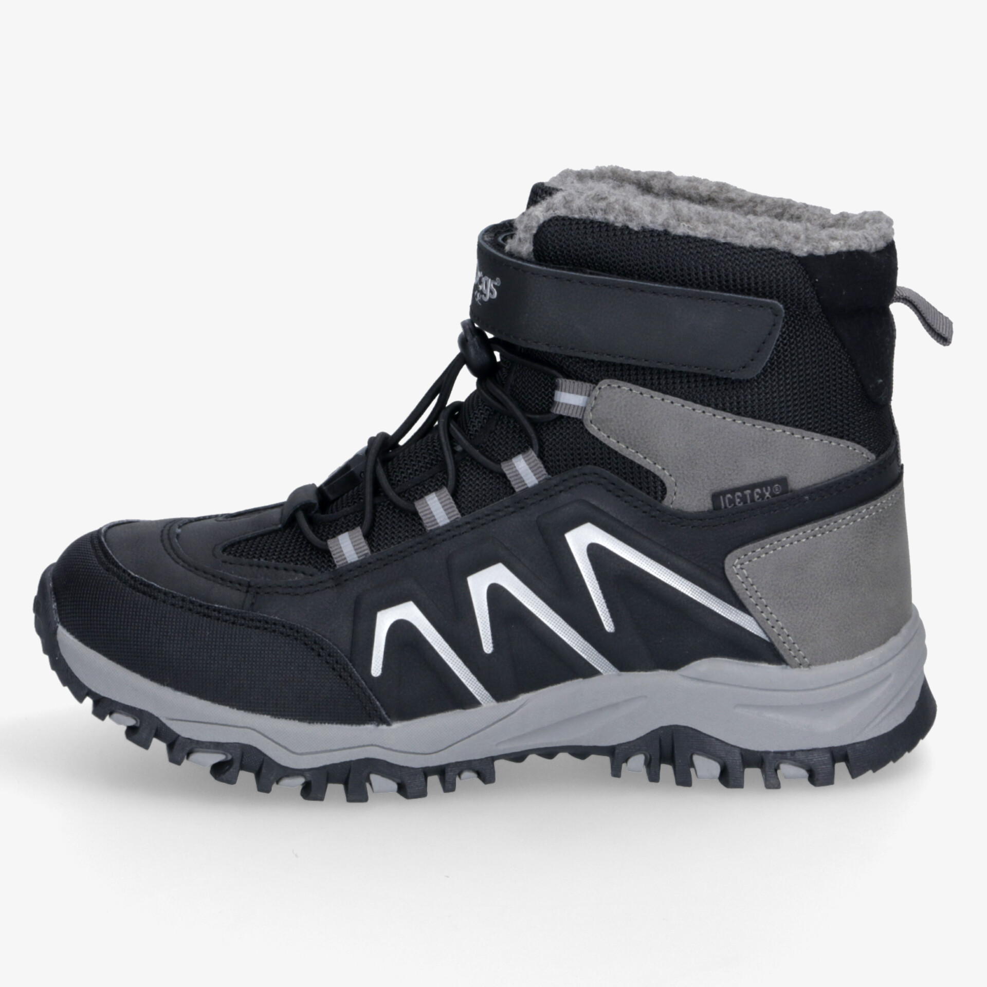 Robuste schwarze Wanderschuhe mit isolierendem Innenfutter und rutschfester Sohle für Outdoor-Aktivitäten.