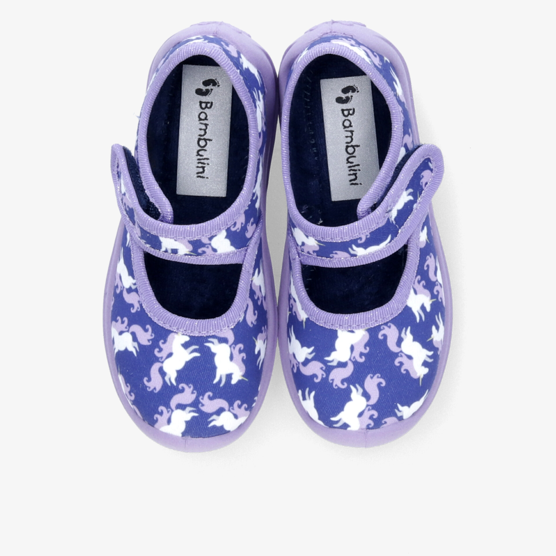 Kinder Ballerinas in Lila mit farbenfrohen Einhorn-Motiven, klettverschluss und bequemer Passform vorne Draufsicht