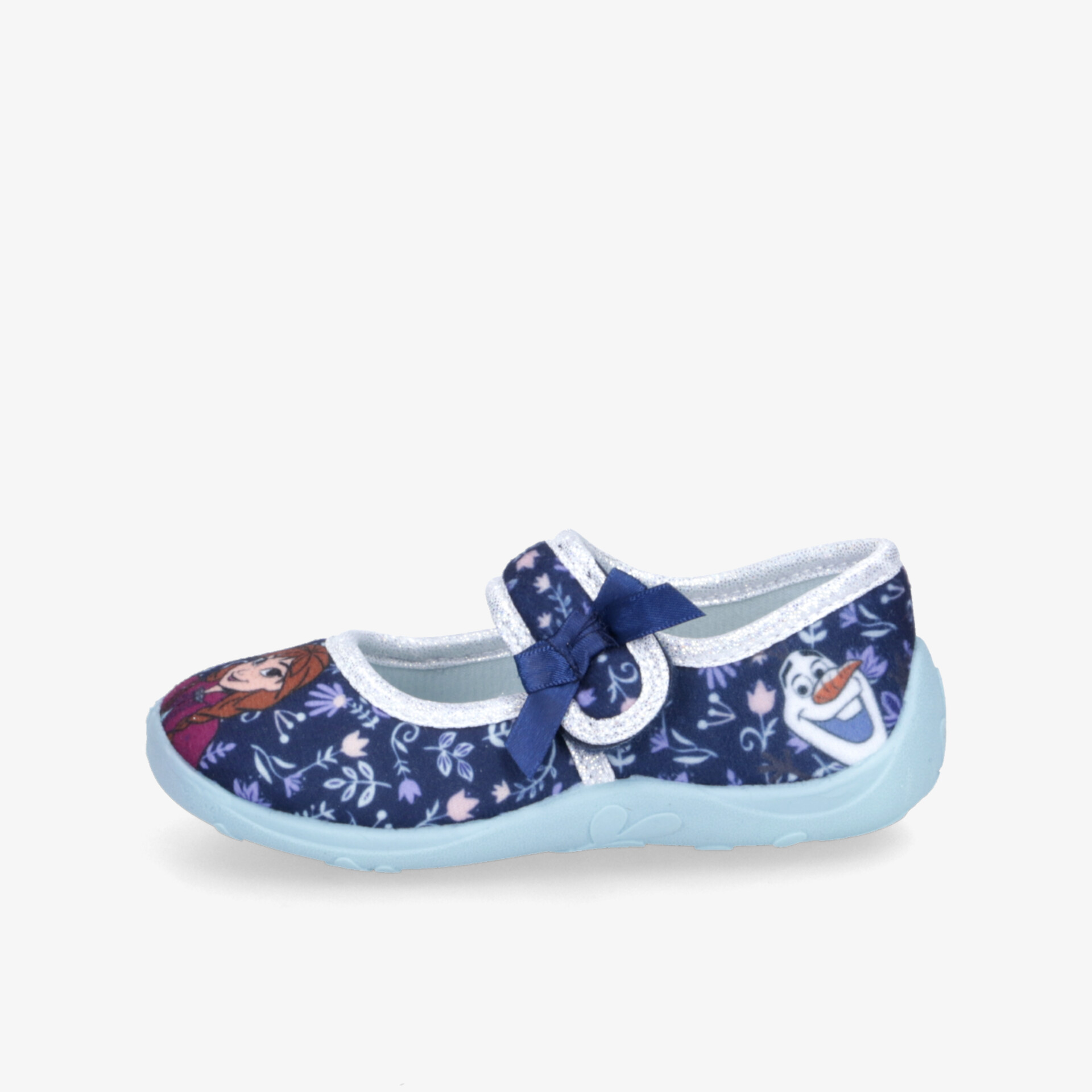 Leichter blauer Kinderschuh mit floralem Muster und verstellbarem Riemen für optimalen Halt und Komfort