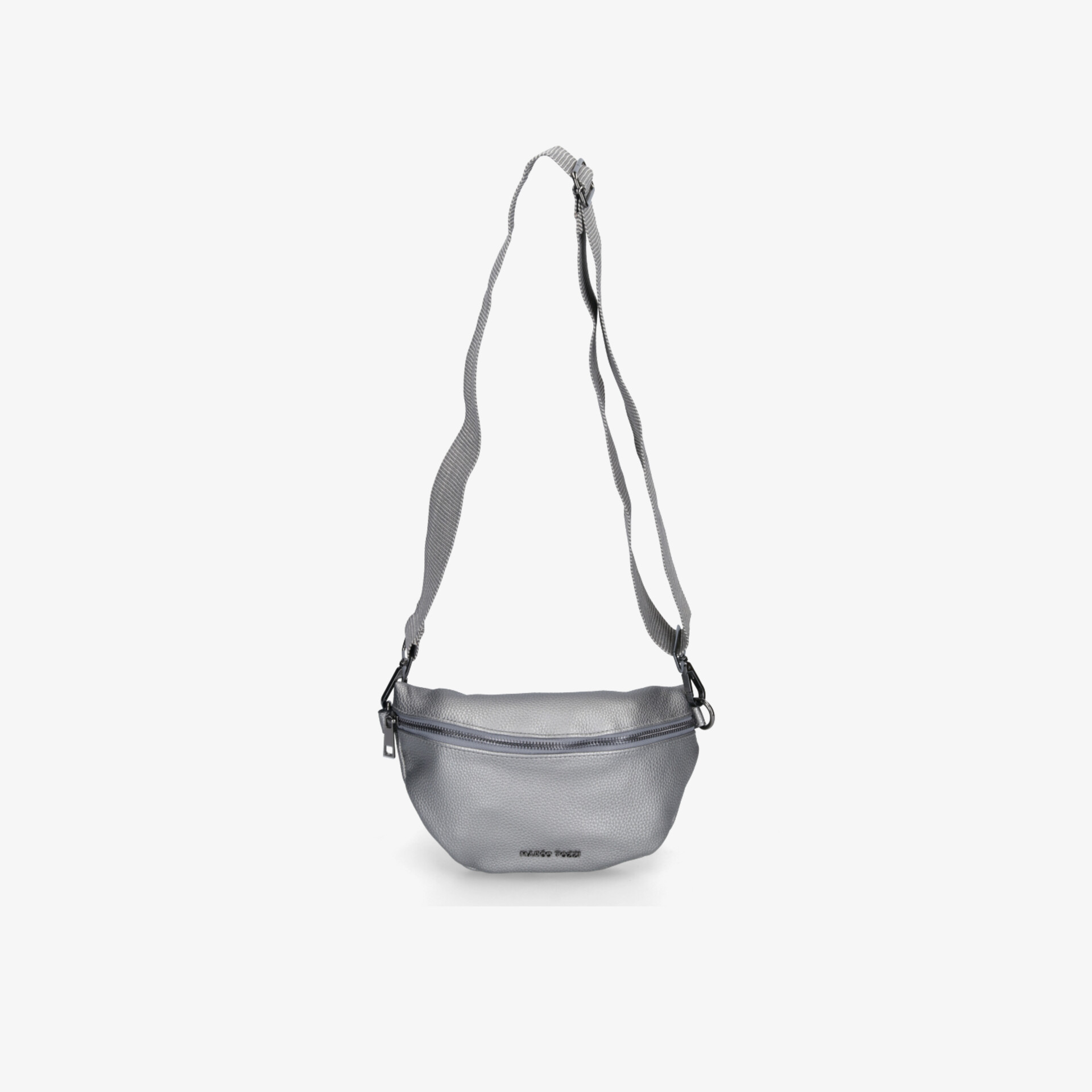 Silberne kompakte Tasche mit verstellbarem Gurt und modernem, praktischem Design in Frontansicht