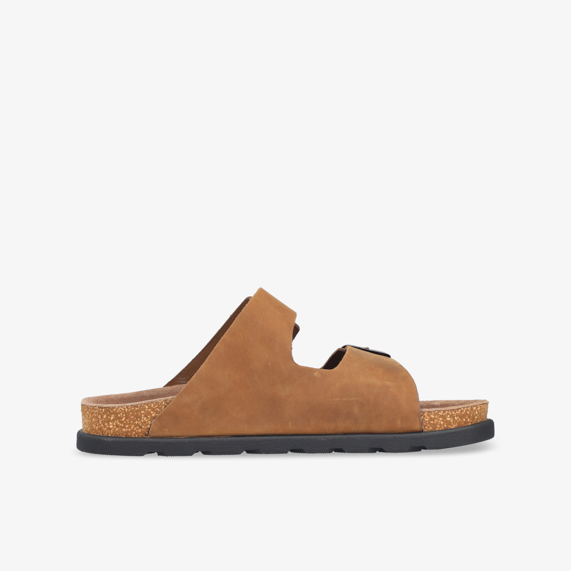 Seitliche Ansicht einer braunen Sandale mit Korkfußbett und rutschfester Sohle für hohen Tragekomfort