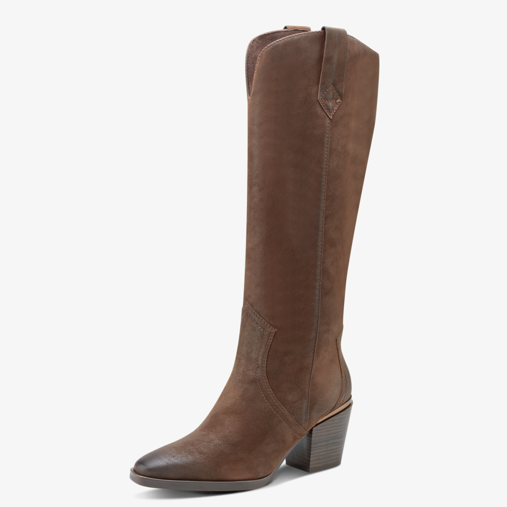 Eleganter brauner Stiefel im Westernstil mit hohem Schaft und bequemem Absatz, ideal für stilvolle Auftritte.