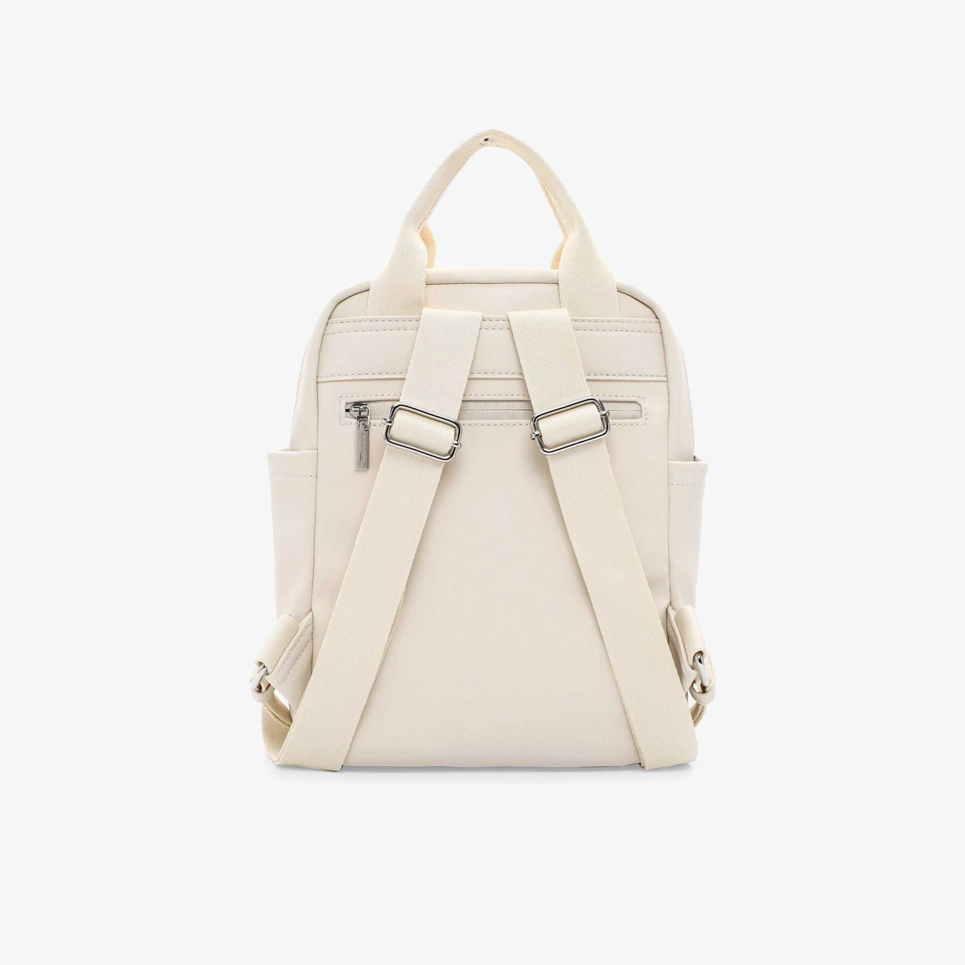 Cremefarbener Rucksack mit stabilen, verstellbaren Trägern in klarer Rückenansicht, ideal für Alltag und Komfort