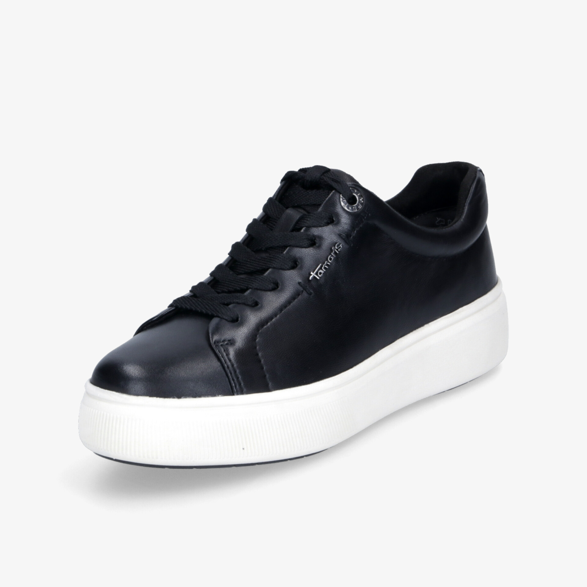 Schwarzer Sneaker mit dicker weißer Plateau-Sohle, komfortabel und modisch im modernen Design