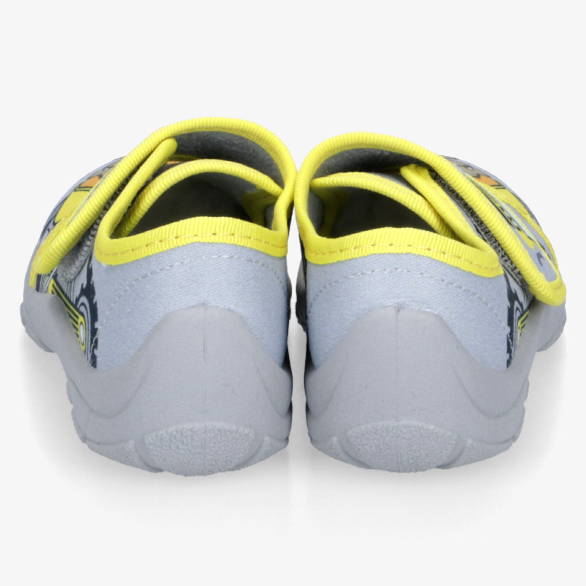 Bequeme und robuste Schuhe mit flexiblem Profil und praktischem Klettverschluss in Gelb und Grau von hinten sichtbar