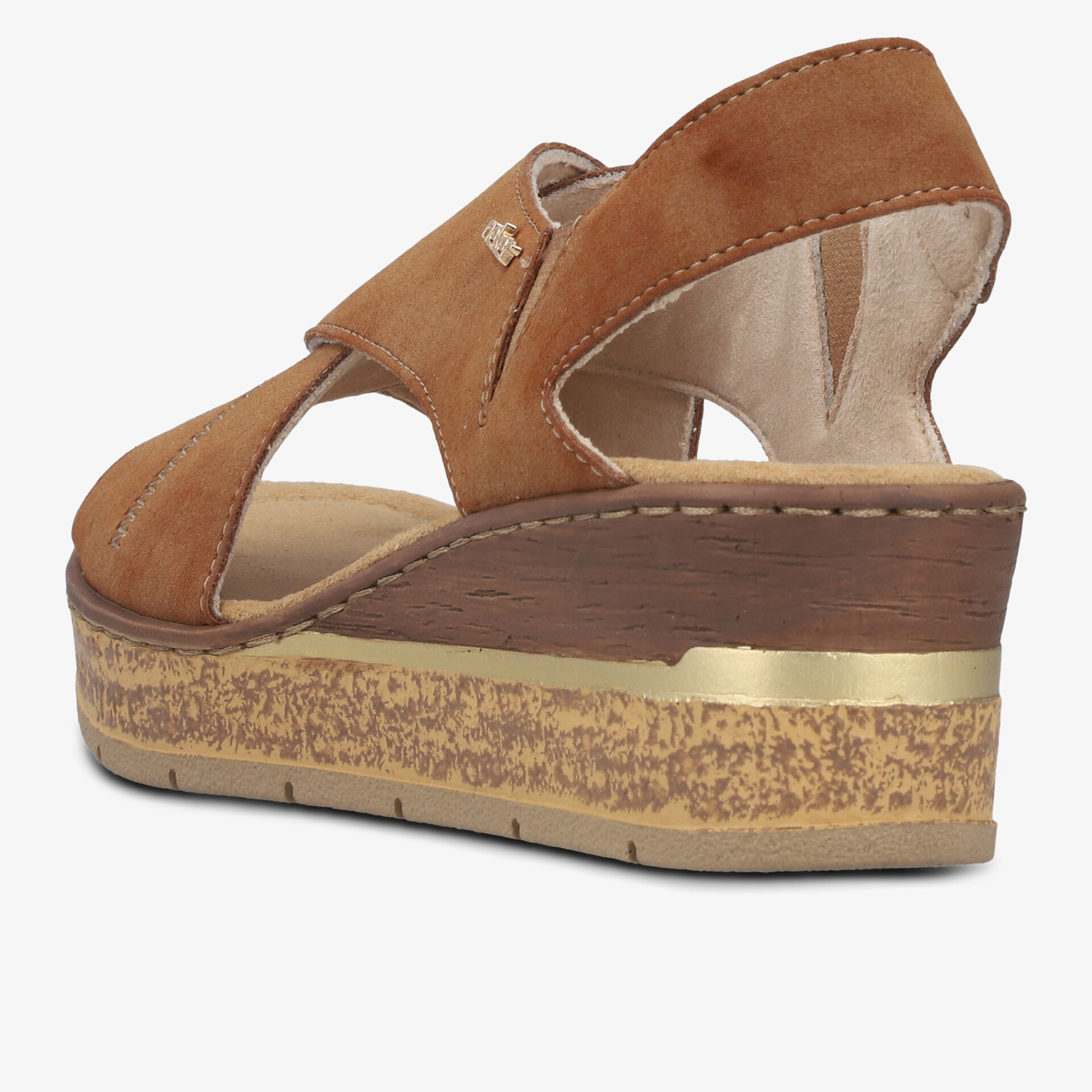 Braune Keilsandalette mit komfortabler Sohle und elegantem Goldakzent an der Ferse, seitliche Ansicht