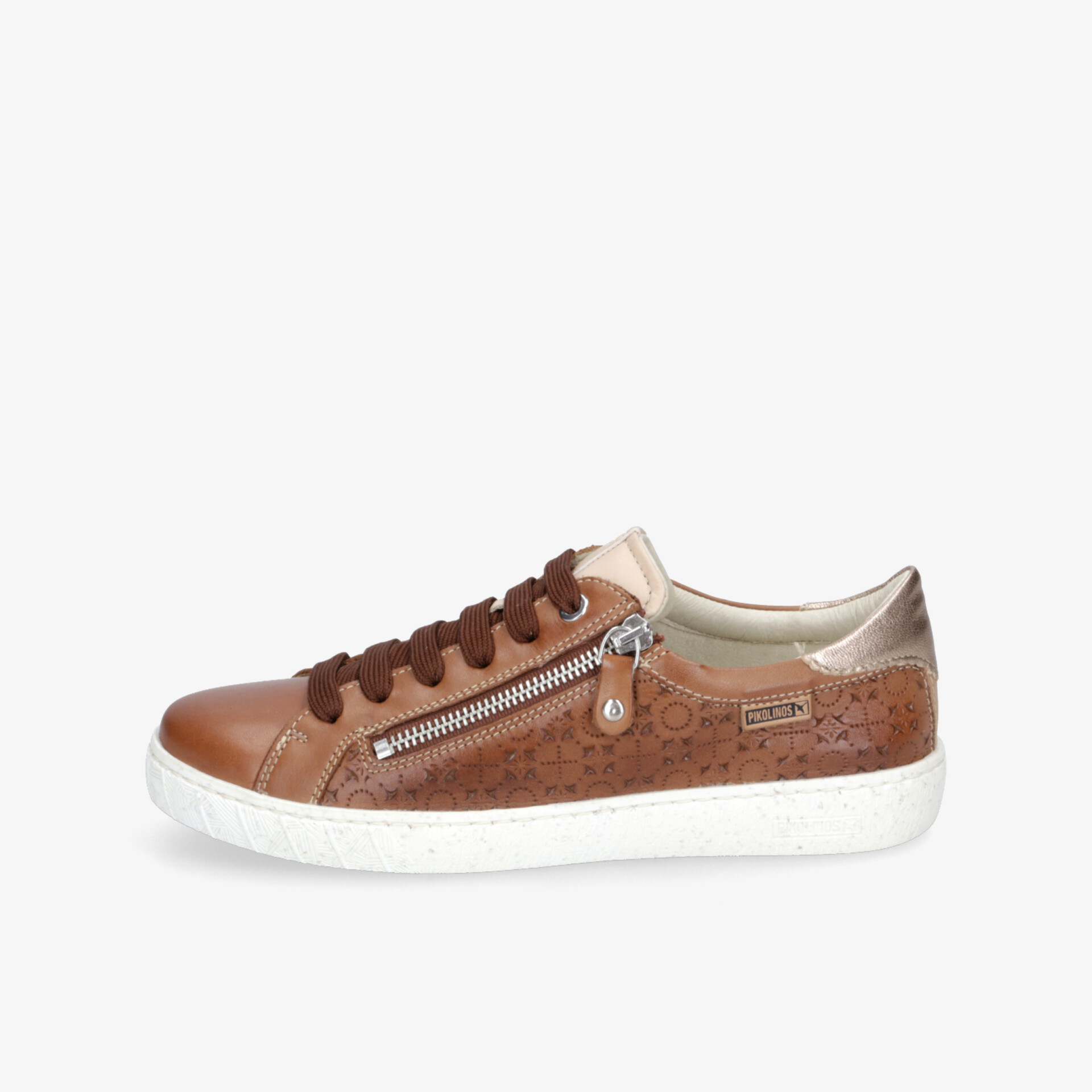 Brauner Sneaker mit weißer Sohle und seitlichem Reißverschluss, modisch und bequem für den Alltag