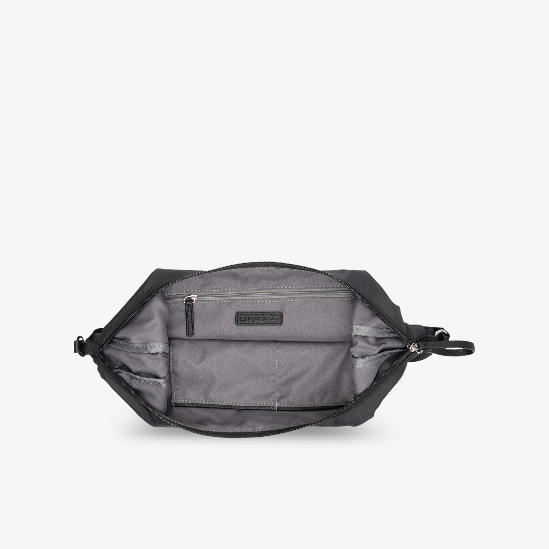 Offene graue Tasche mit geräumigem Innenraum und mehreren Fächern für optimale Organisation