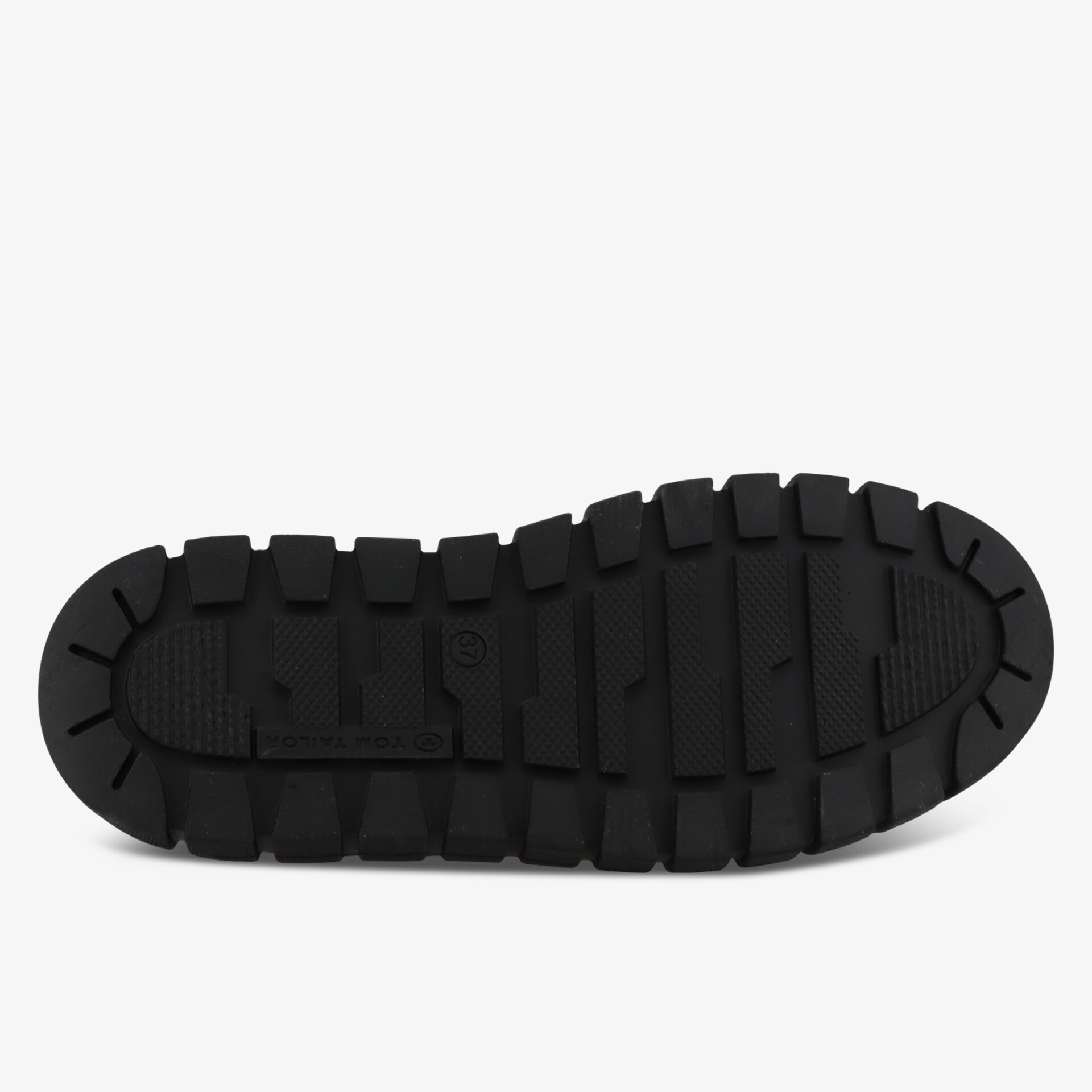 Schwarze Schuhsohle mit tiefem, profiliertem Muster für optimalen Halt und Strapazierfähigkeit