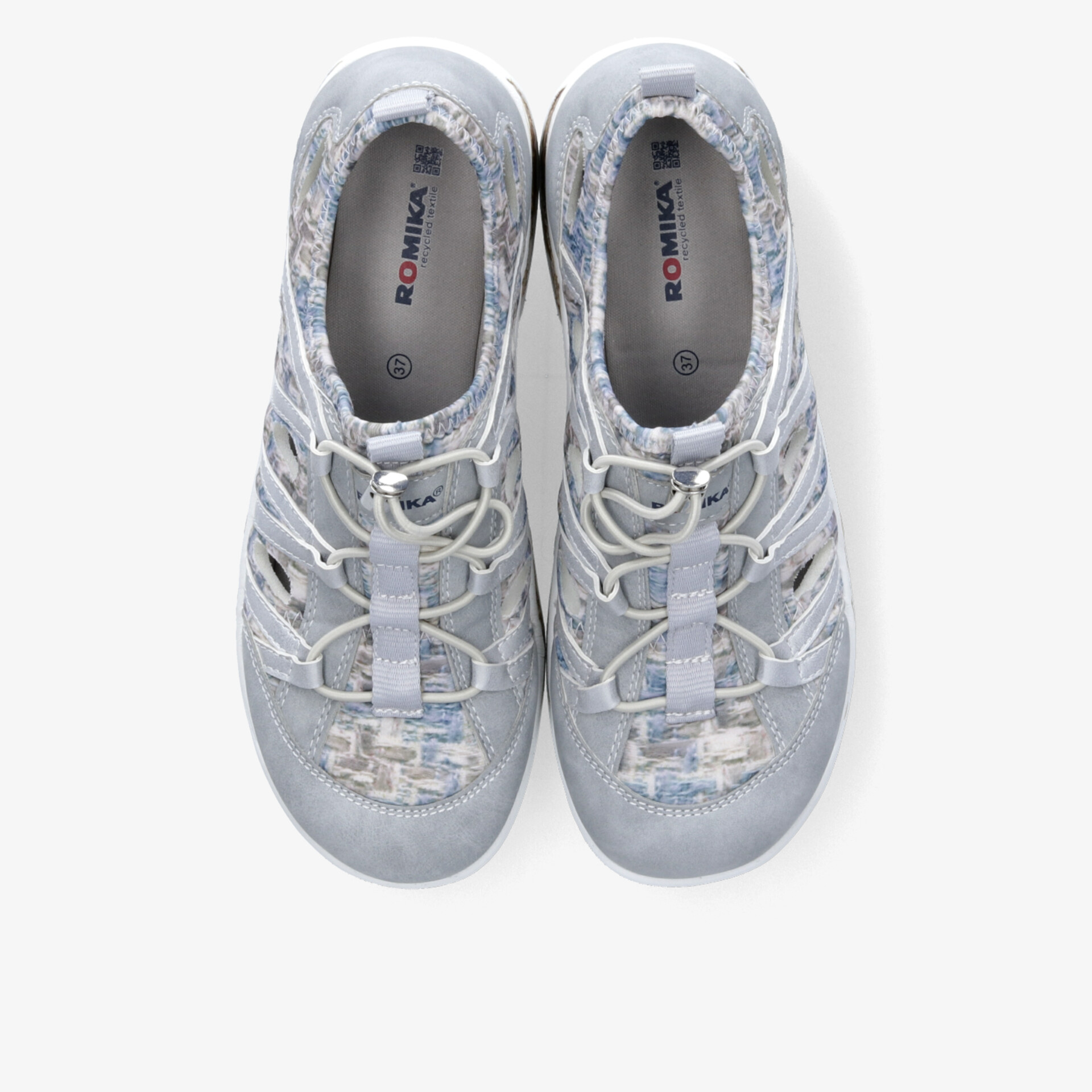 Leichte graue Sportschuhe mit atmungsaktivem Obermaterial, bequemer Pasform und robuster Schnürung, von oben betrachtet