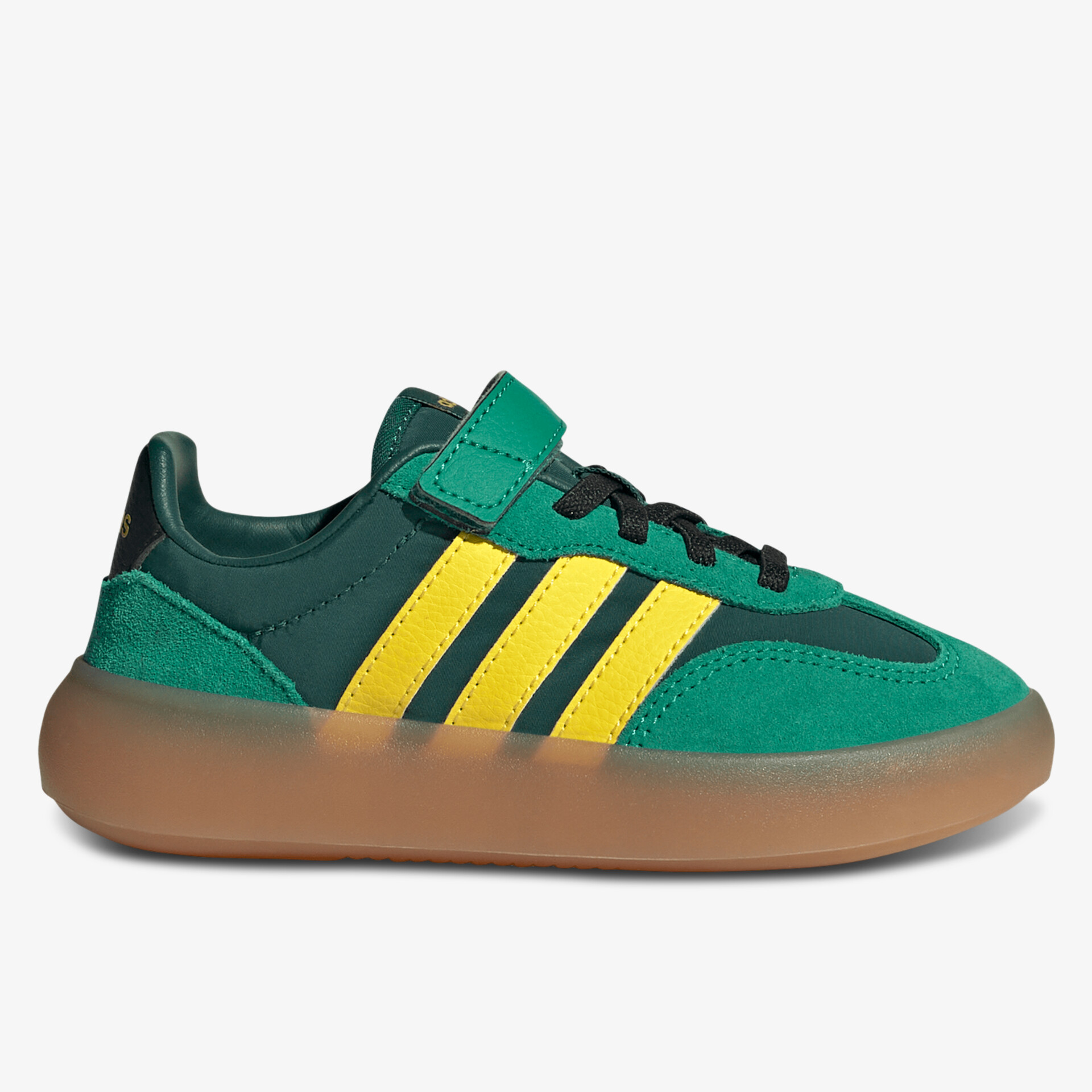 Grüner Sneaker mit auffälligen gelben Streifen und flexibler Gummisohle im klaren Seitenprofil